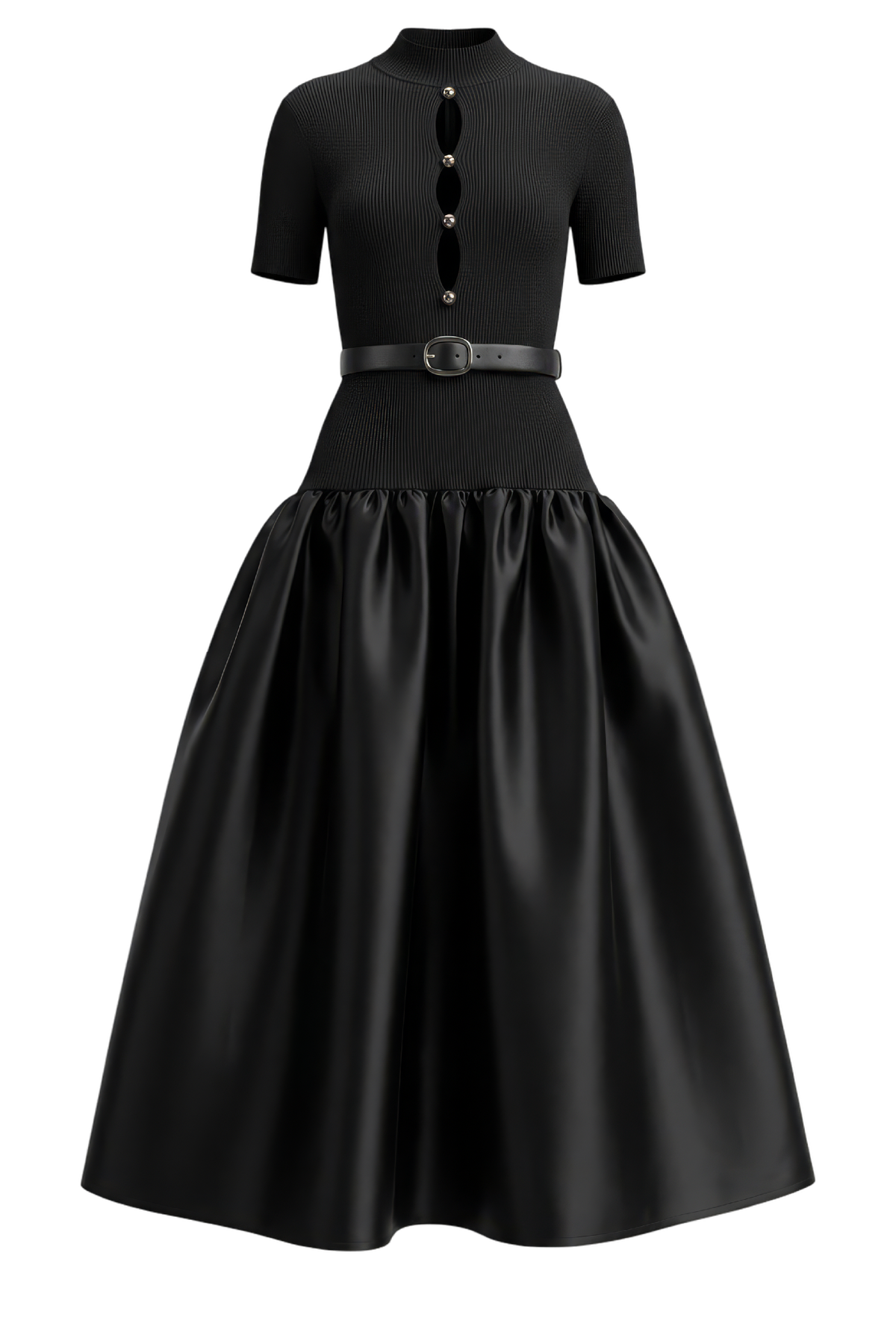 Black Knit Taffeta Midi Dress