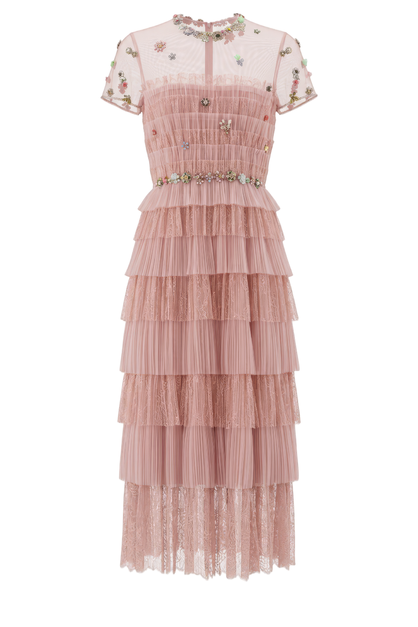 Samie Tiered Lace Midi Dress with Embellished Florals