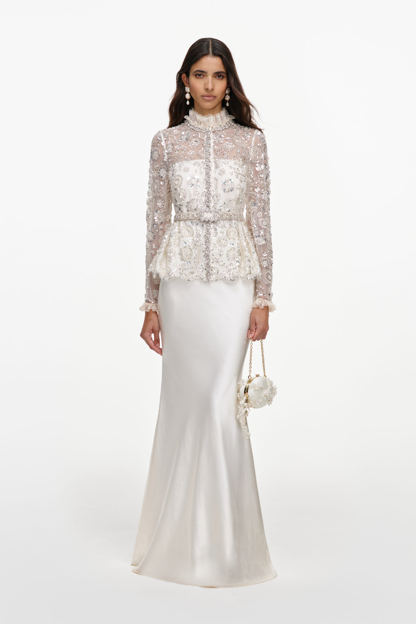 Cream Sequin Embellished Satin Maxi Dress