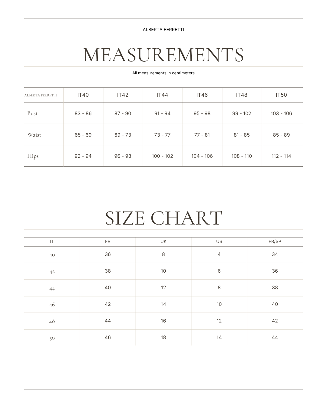 ALBERTA FERRETTI size chart