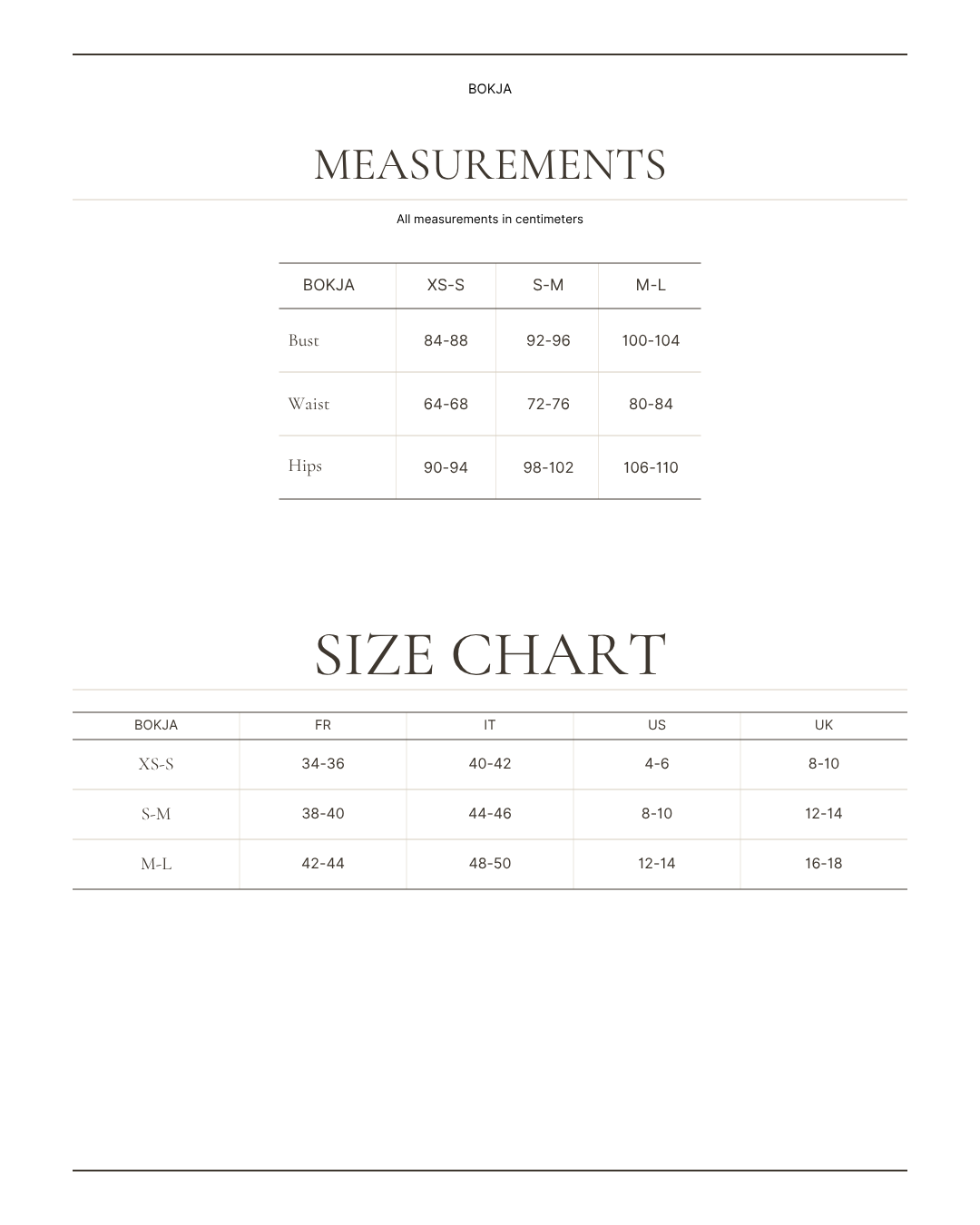 BOKJA size chart