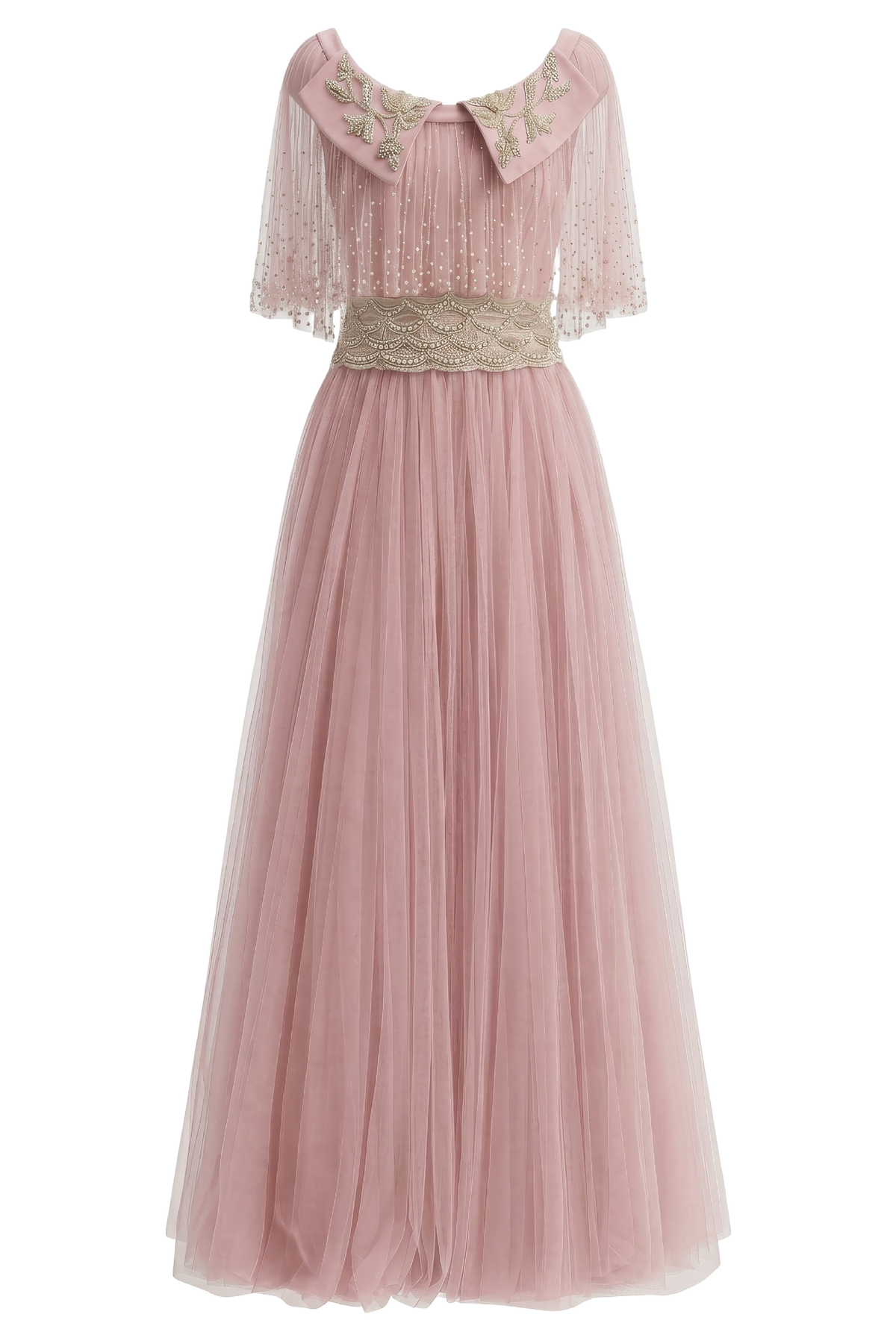 Pearl Embellished Collared Tulle Gown in Pink