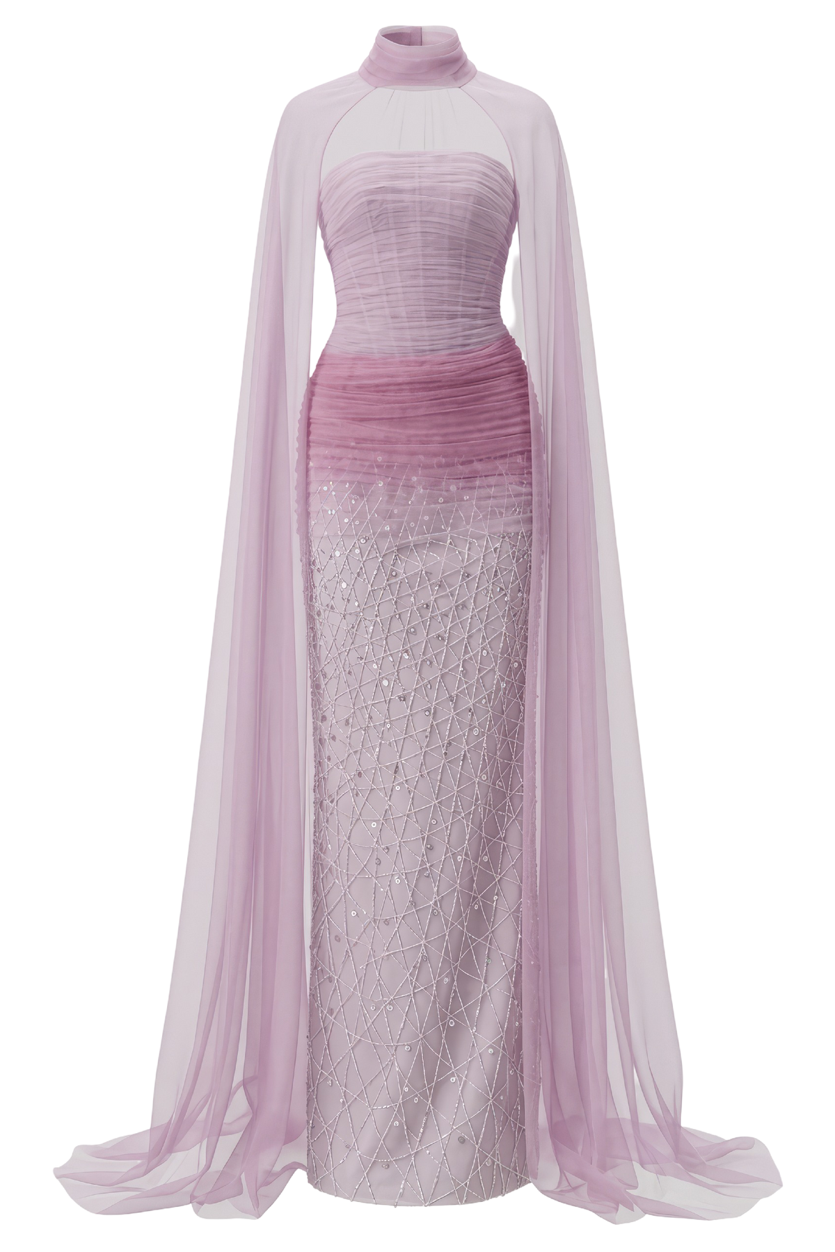 Purple Draped Strapless Gown with Tulle Cape