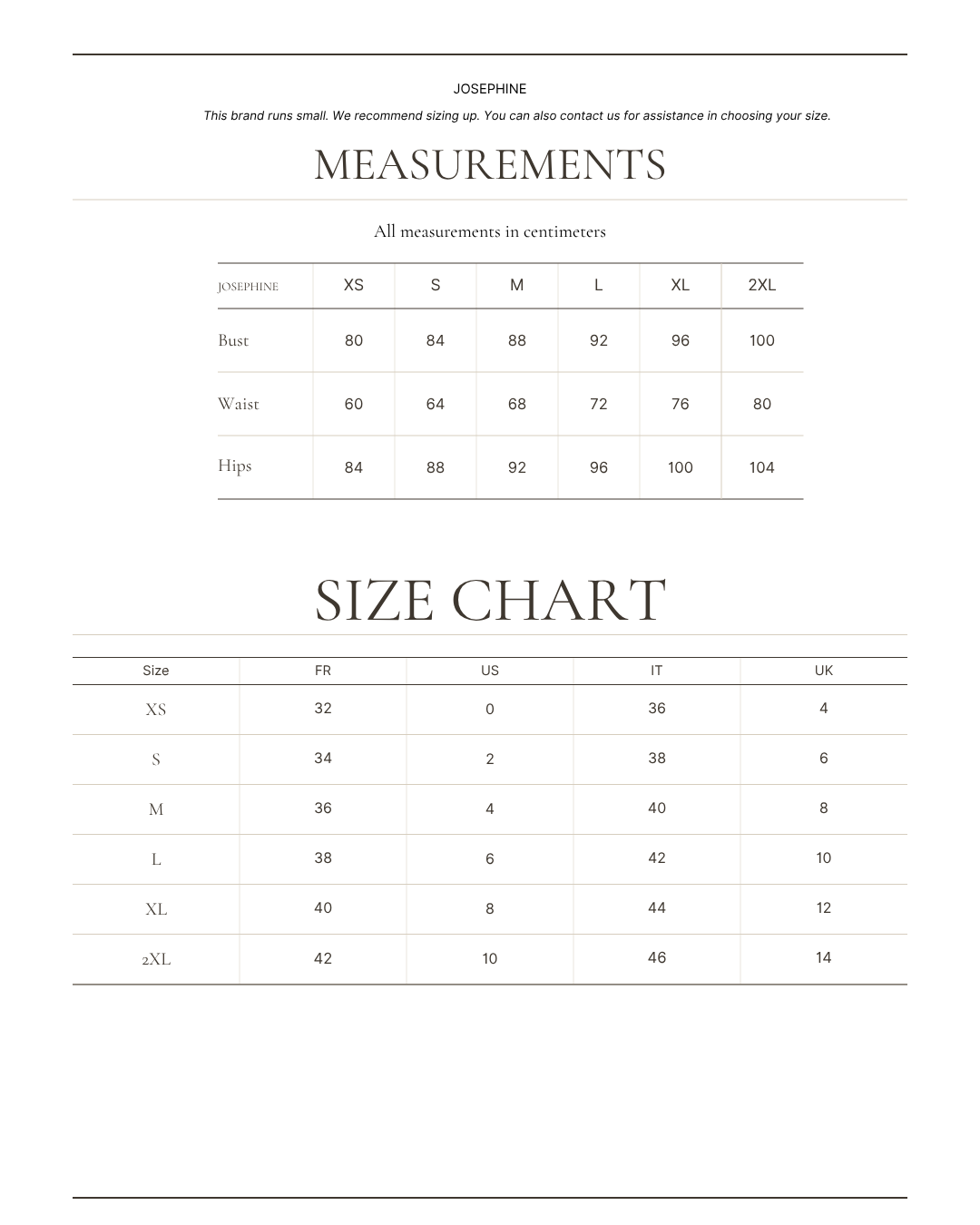 JOSEPHINE size chart
