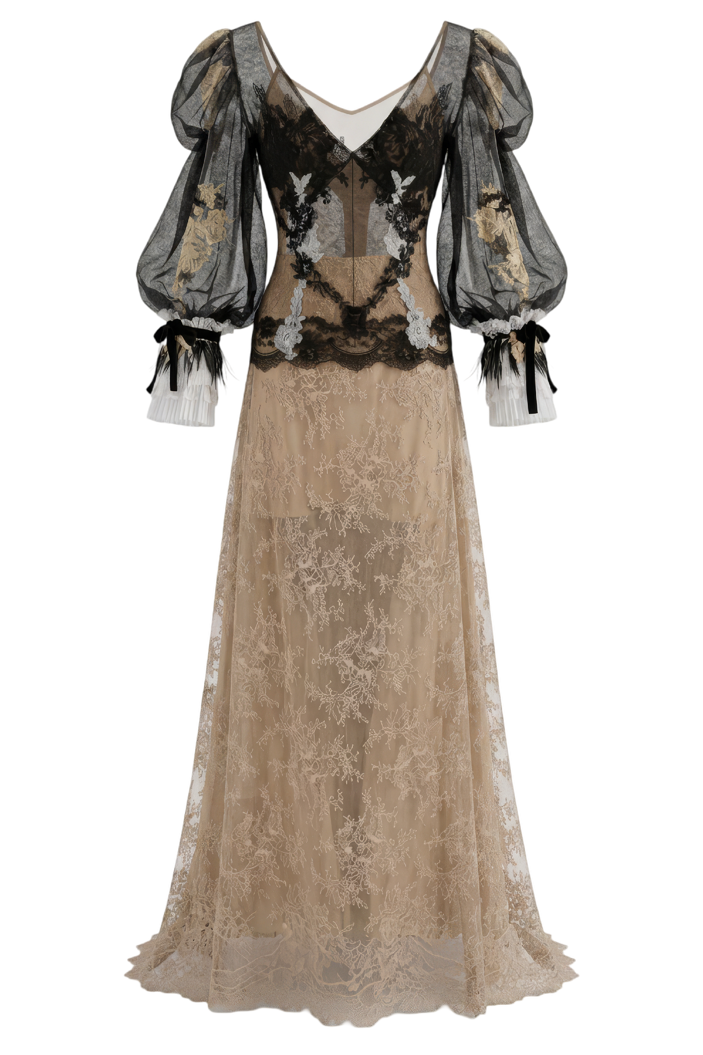 Embroidered Lace and Tulle Puff-Sleeve Gown