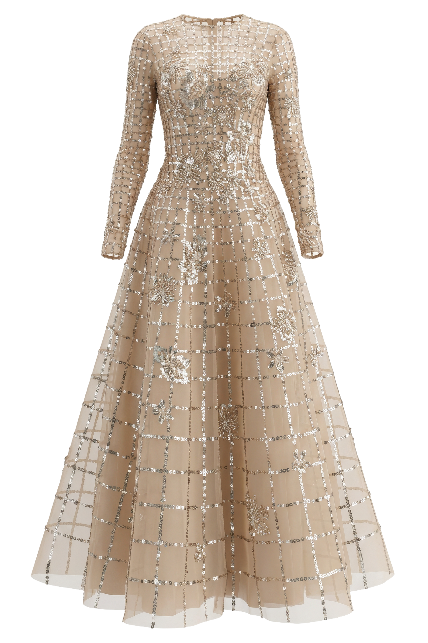 Long Sleeve Gown with Metallic Beading