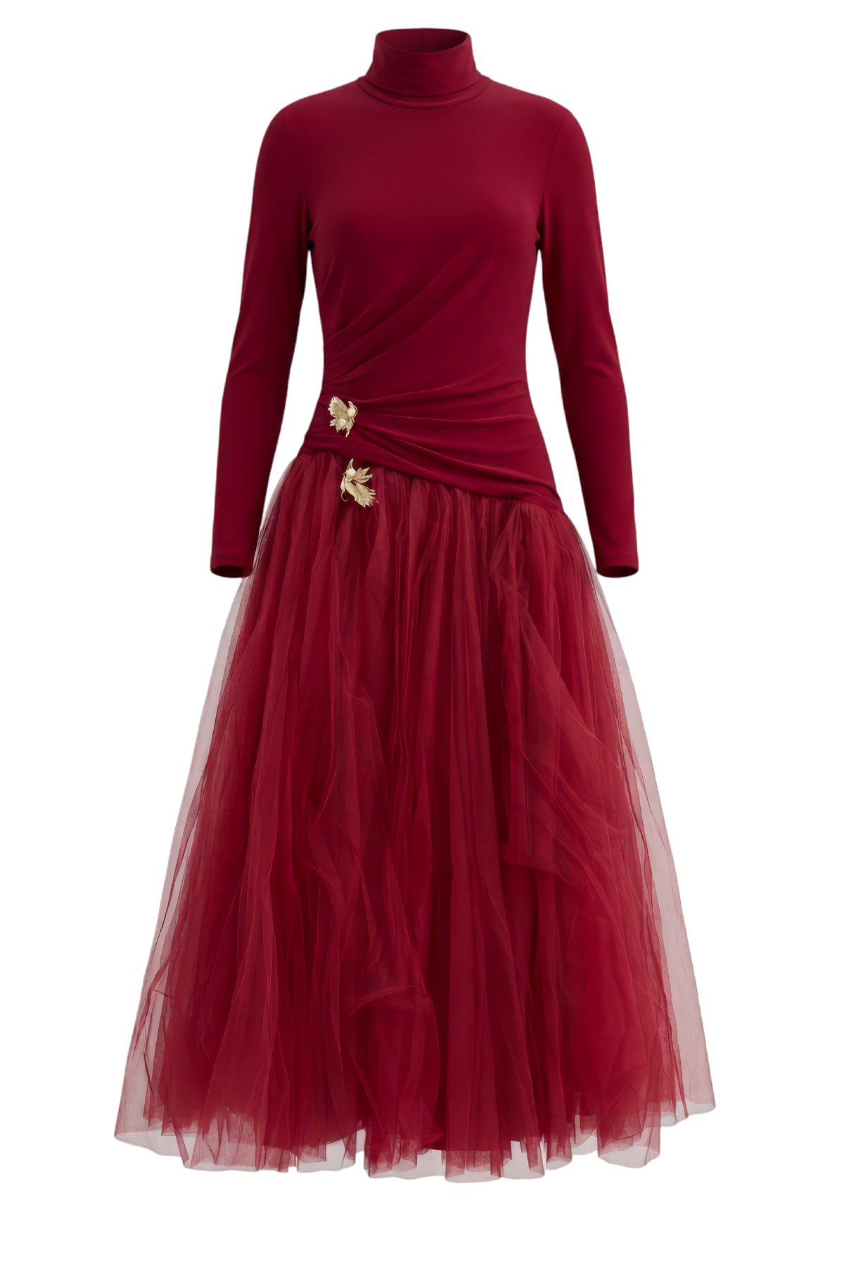 Long Sleeve Dropped Waist Gown with Floral Embellishment in Rhubarb