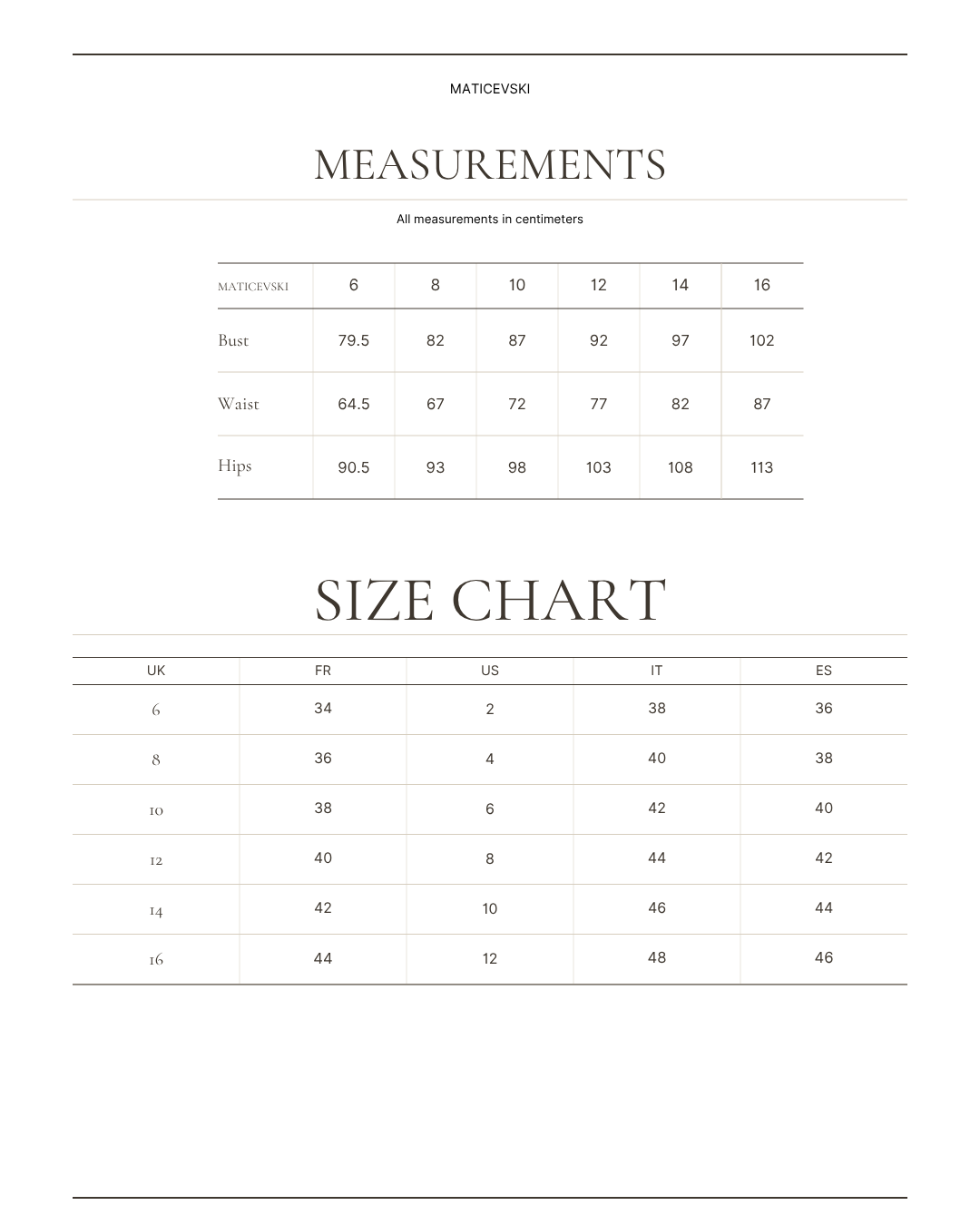 MATICEVSKI size chart