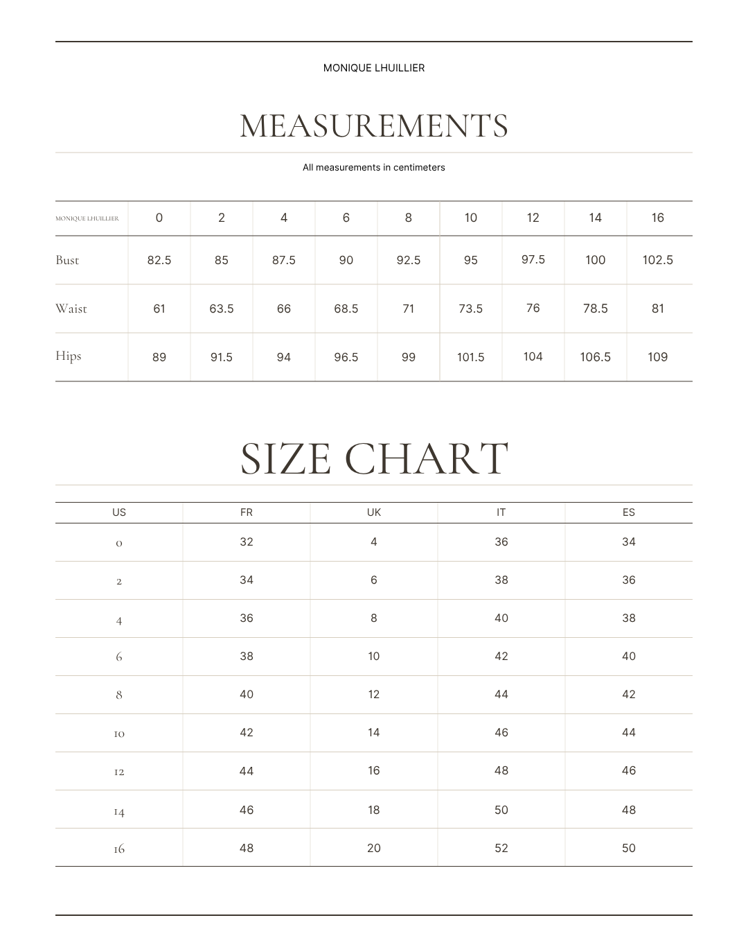 MONIQUE LHUILLIER size chart