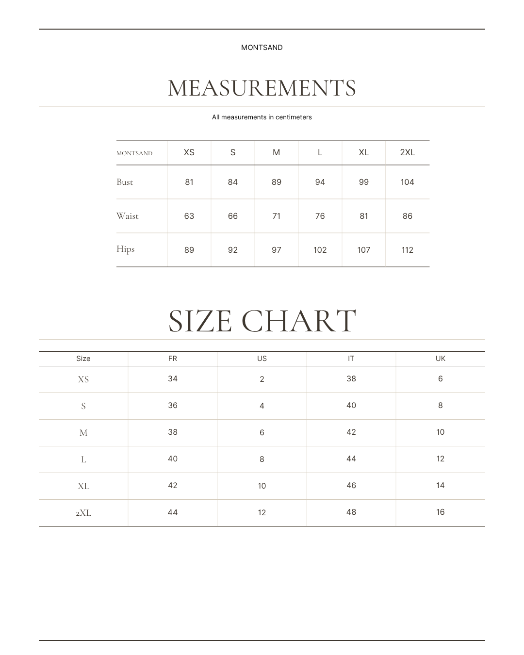 MONTSAND size chart