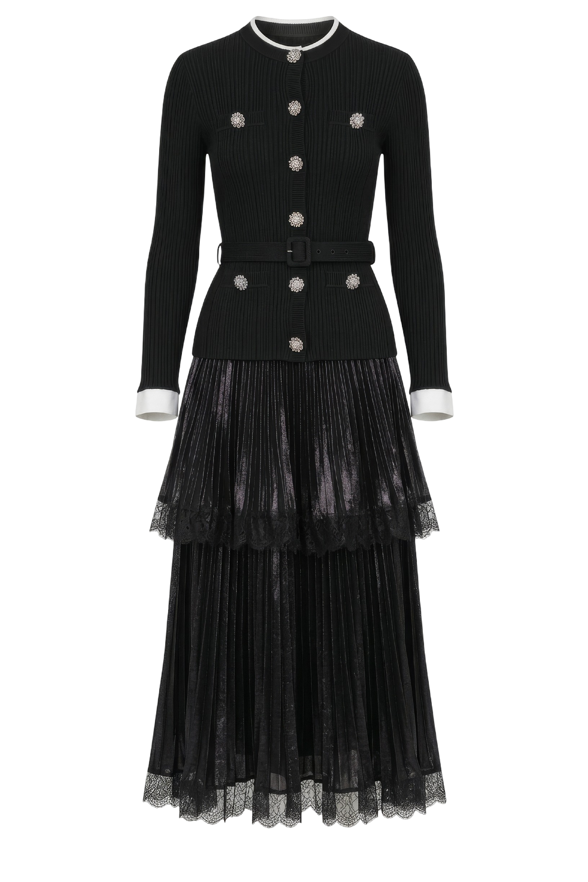 Black Knit Metallic Chiffon Midi Dress