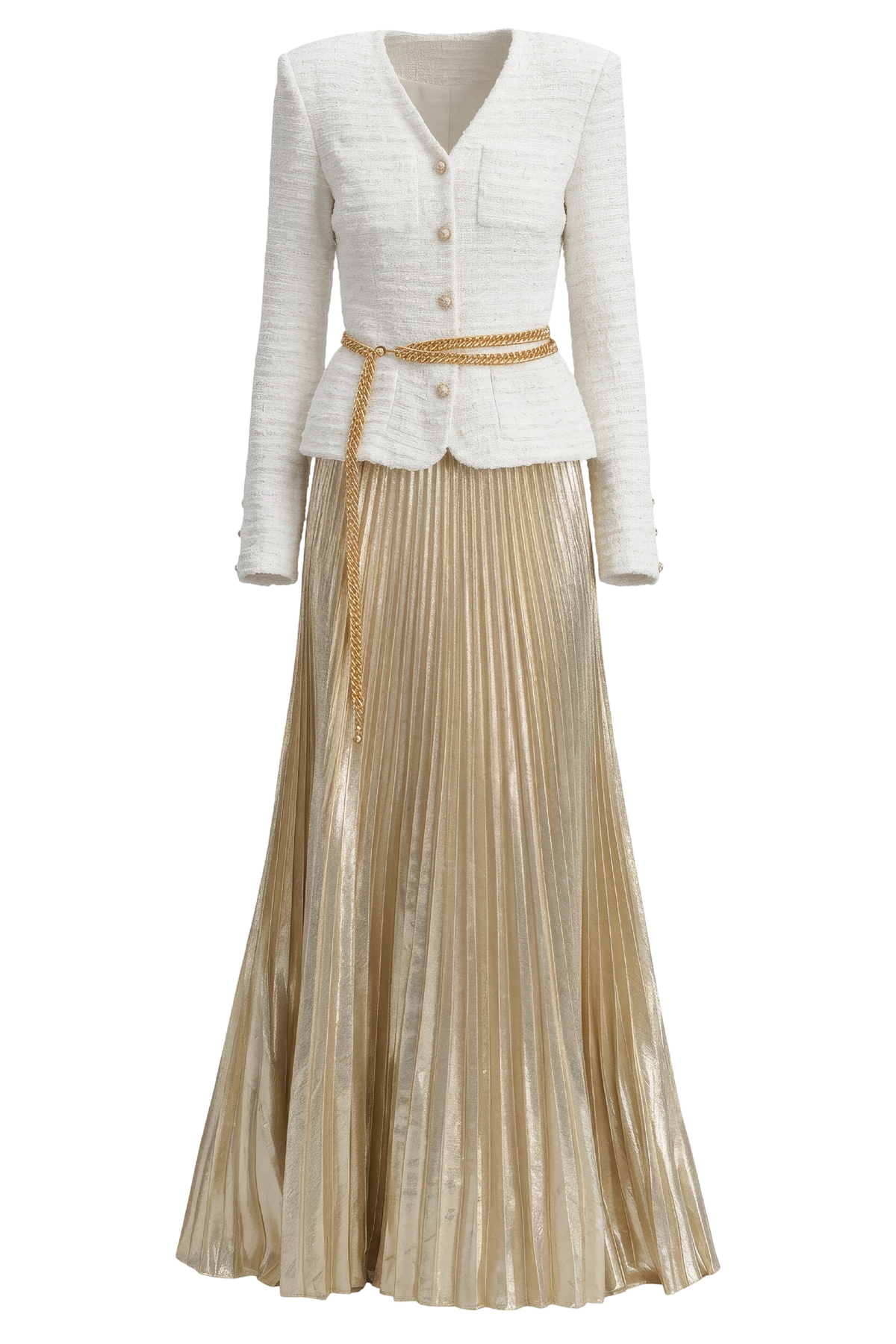 Cream Textured Knit Metallic Chiffon Maxi Dress