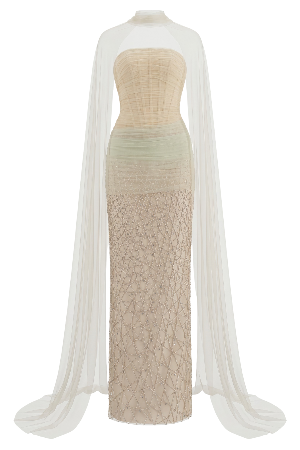 Draped Strapless Gown with Tulle Cape