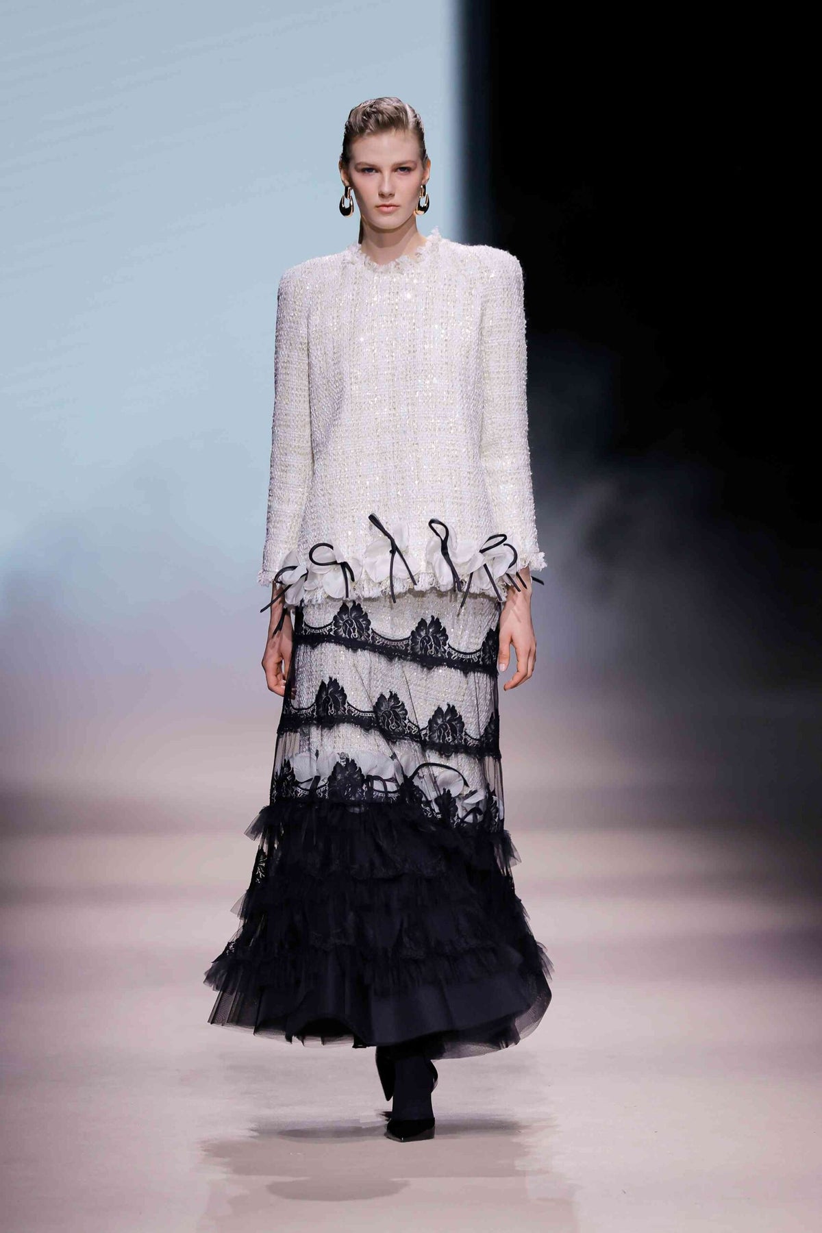 Lace Ivory Tweed Top & Black Tiered Tulle Skirt Set