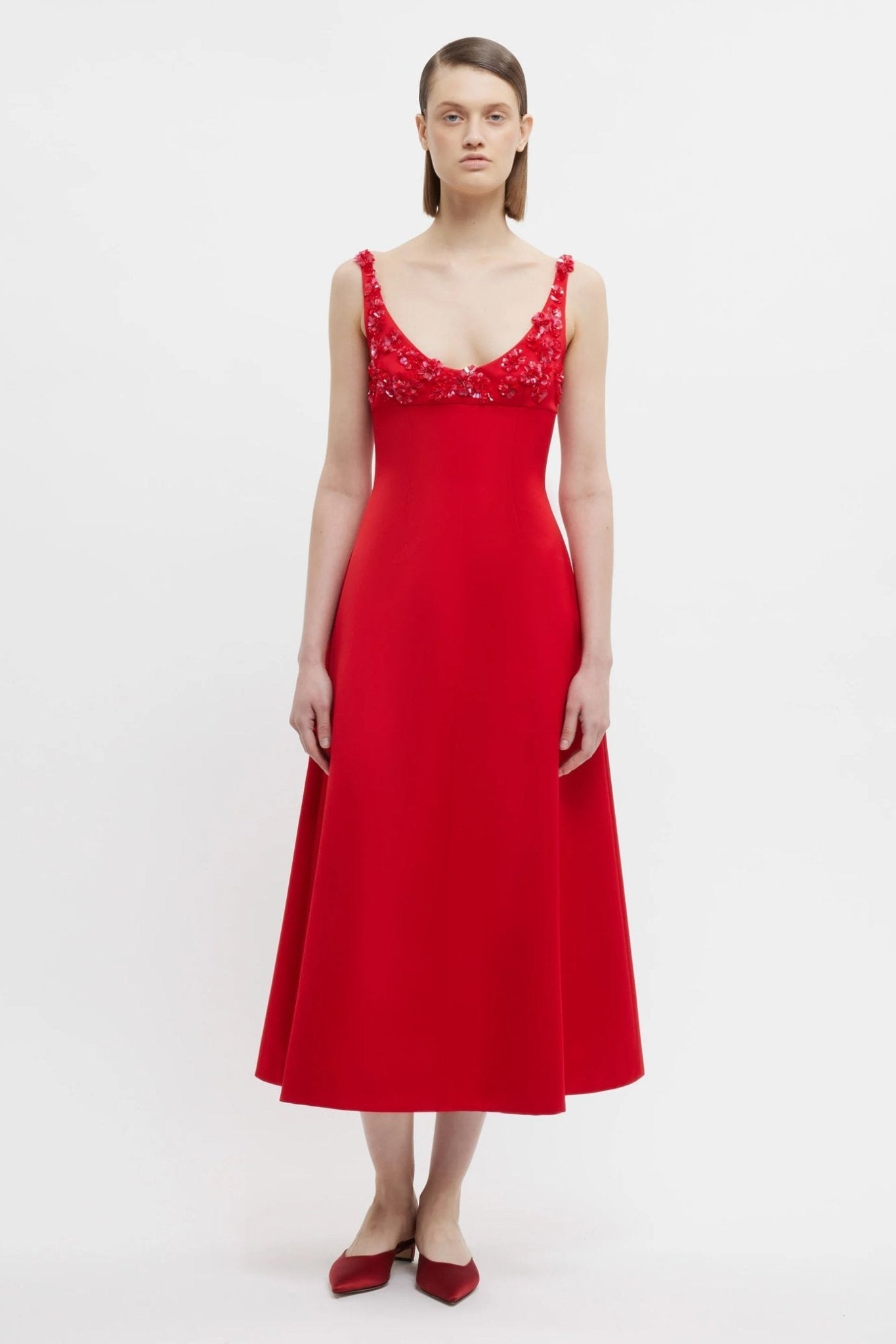 Abella Embellished Dress In Bright Red Doppio Satin - ALBOUSHIYA - district 5 - dubai - riyadh - abaya - dresses - designers - evening wear - luxury - elegance - craftsmanship - gowns - cocktail dresses - collections - georges