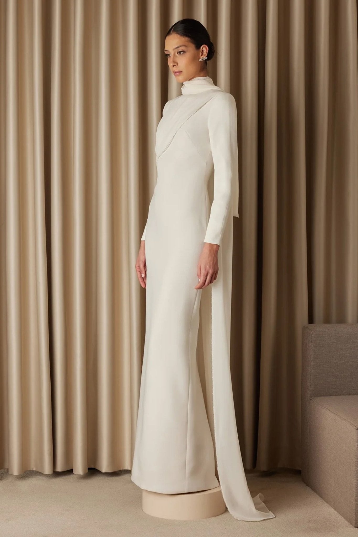 Aida Crepe Dress with Handmade Crystal stone Edge Embroidery Cape - ALBOUSHIYA - district 5 - dubai - riyadh - abaya - dresses - designers - evening wear - luxury - elegance - craftsmanship - gowns - cocktail dresses - collections - georges