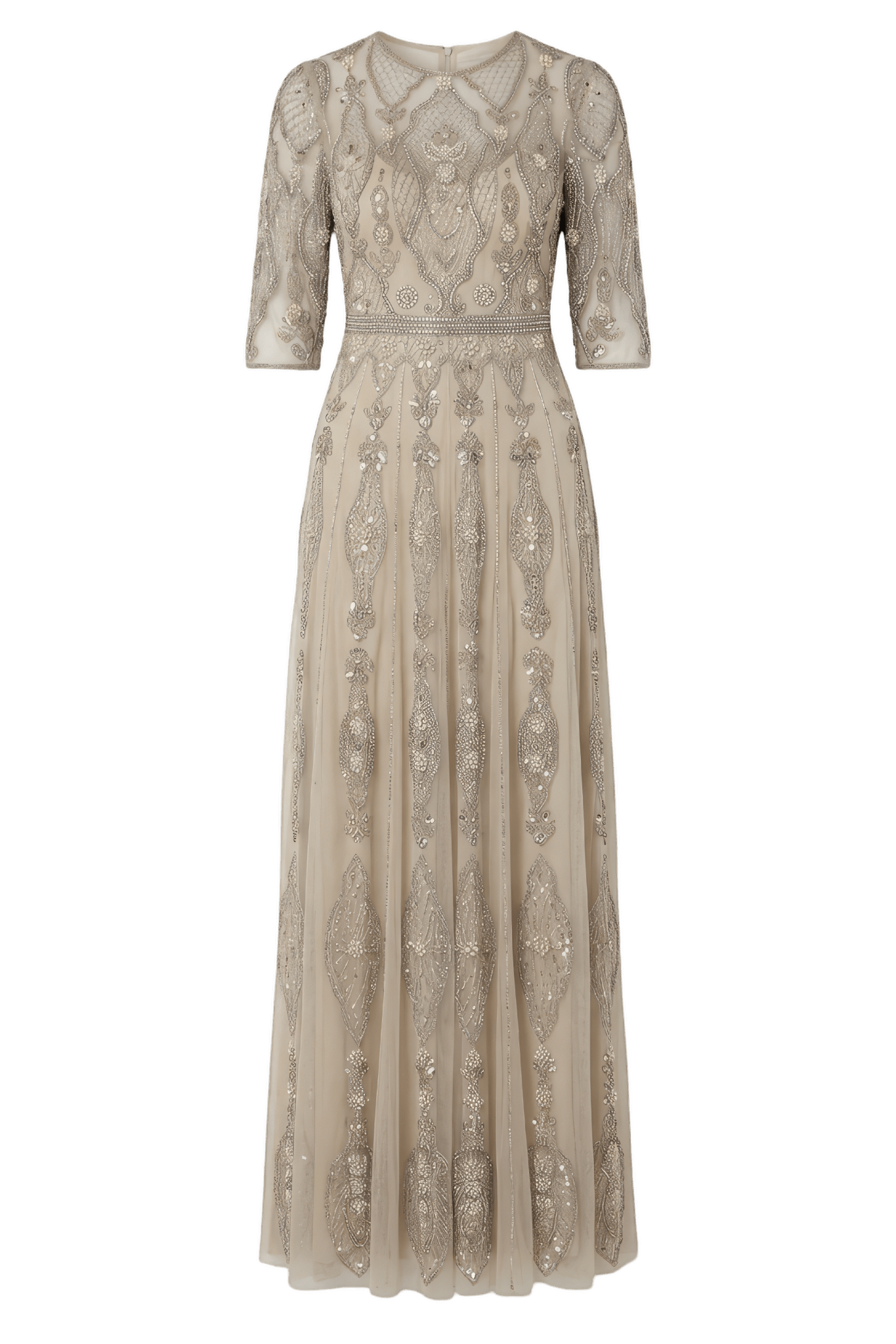Beige 3/4 Sleeve Embellished A-line Gown - ALBOUSHIYA - district 5 - dubai - riyadh - abaya - dresses - designers - evening wear - luxury - elegance - craftsmanship - gowns - cocktail dresses - collections - georges