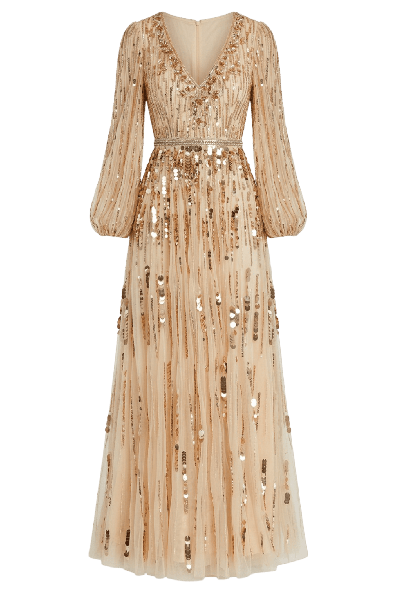 Beige Embellished Mesh Long Sleeve V Neck Gown - ALBOUSHIYA - district 5 - dubai - riyadh - abaya - dresses - designers - evening wear - luxury - elegance - craftsmanship - gowns - cocktail dresses - collections - georges