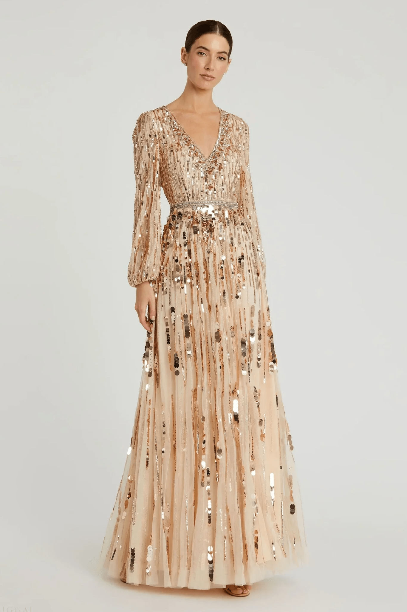 Beige Embellished Mesh Long Sleeve V Neck Gown - ALBOUSHIYA - district 5 - dubai - riyadh - abaya - dresses - designers - evening wear - luxury - elegance - craftsmanship - gowns - cocktail dresses - collections - georges