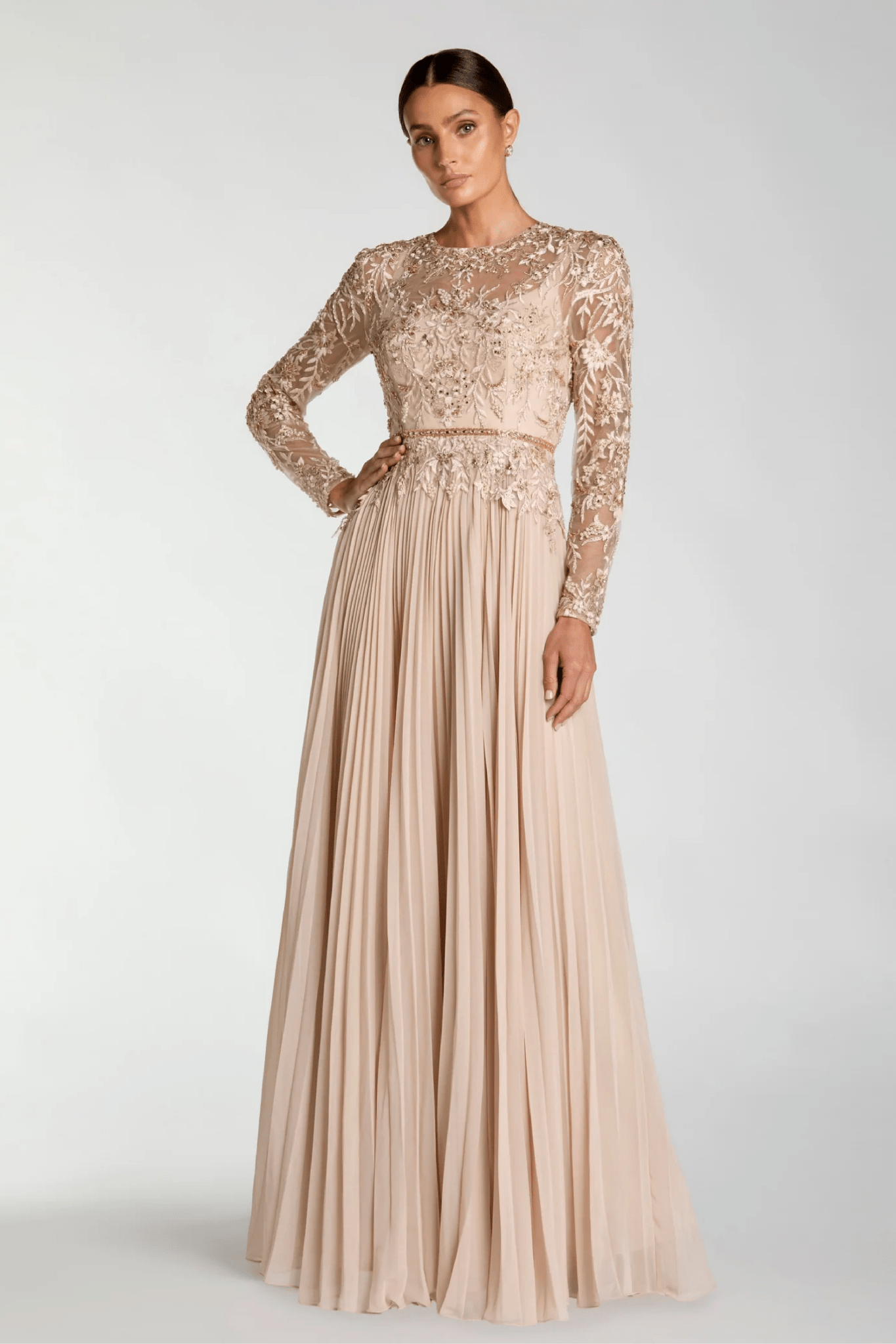 Beige Long Sleeve Chiffon Embellished Gown - ALBOUSHIYA - district 5 - dubai - riyadh - abaya - dresses - designers - evening wear - luxury - elegance - craftsmanship - gowns - cocktail dresses - collections - georges