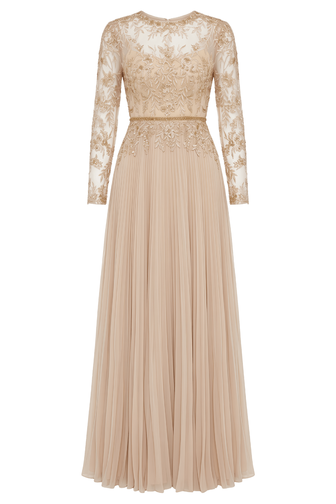 Beige Long Sleeve Chiffon Embellished Gown - ALBOUSHIYA - district 5 - dubai - riyadh - abaya - dresses - designers - evening wear - luxury - elegance - craftsmanship - gowns - cocktail dresses - collections - georges