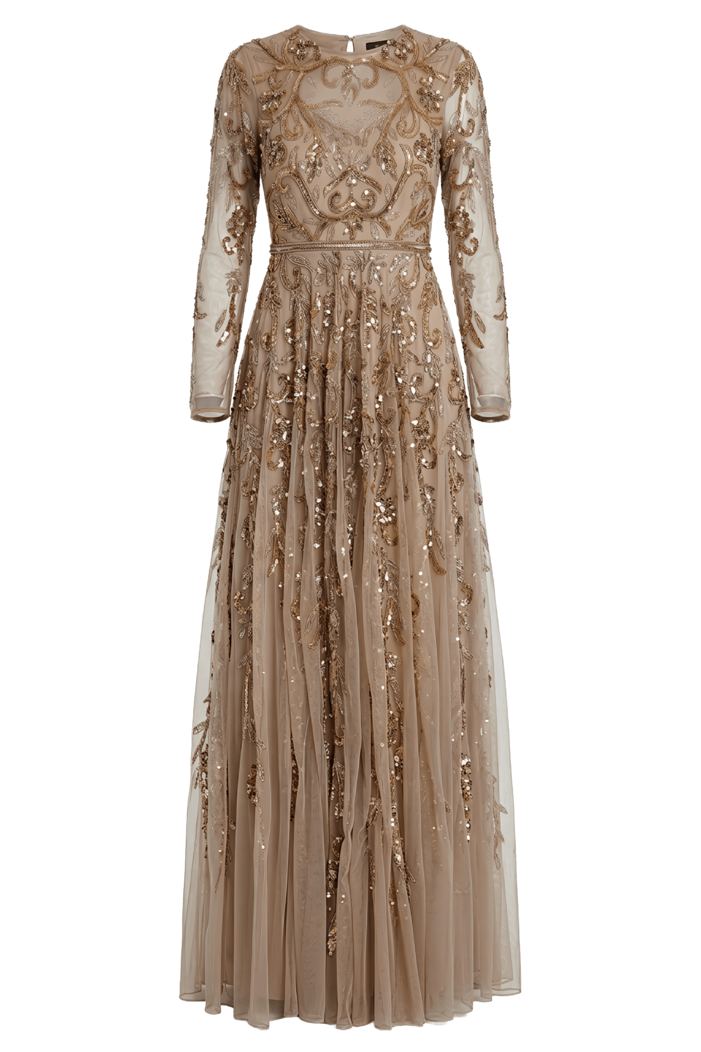 Beige Long Sleeve Hand Embellished Gown - ALBOUSHIYA - district 5 - dubai - riyadh - abaya - dresses - designers - evening wear - luxury - elegance - craftsmanship - gowns - cocktail dresses - collections - georges