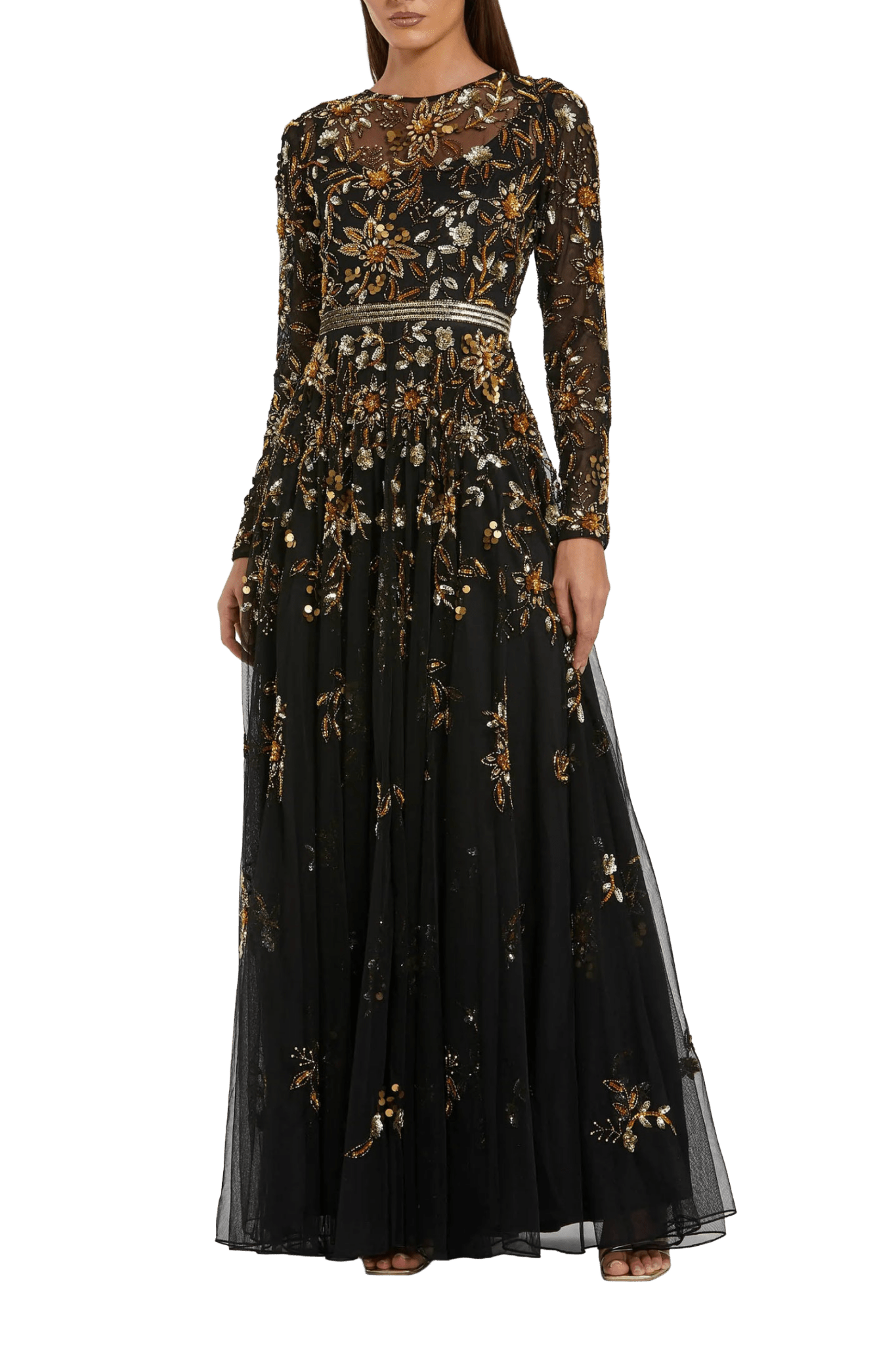 Black Hand Embellished Long Sleeve A Line Gown - ALBOUSHIYA - district 5 - dubai - riyadh - abaya - dresses - designers - evening wear - luxury - elegance - craftsmanship - gowns - cocktail dresses - collections - georges