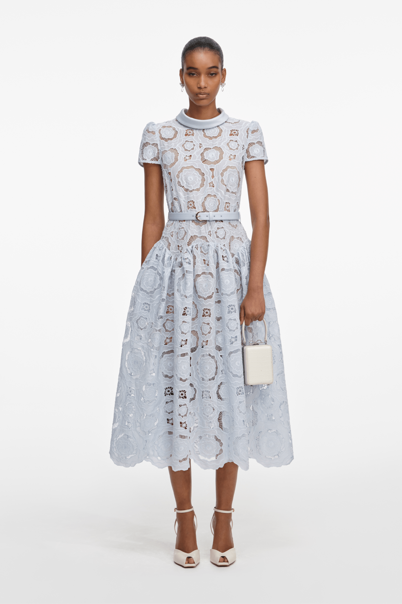 Blue Floral Lace Midi Dress - ALBOUSHIYA - district 5 - dubai - riyadh - abaya - dresses - designers - evening wear - luxury - elegance - craftsmanship - gowns - cocktail dresses - collections - georges