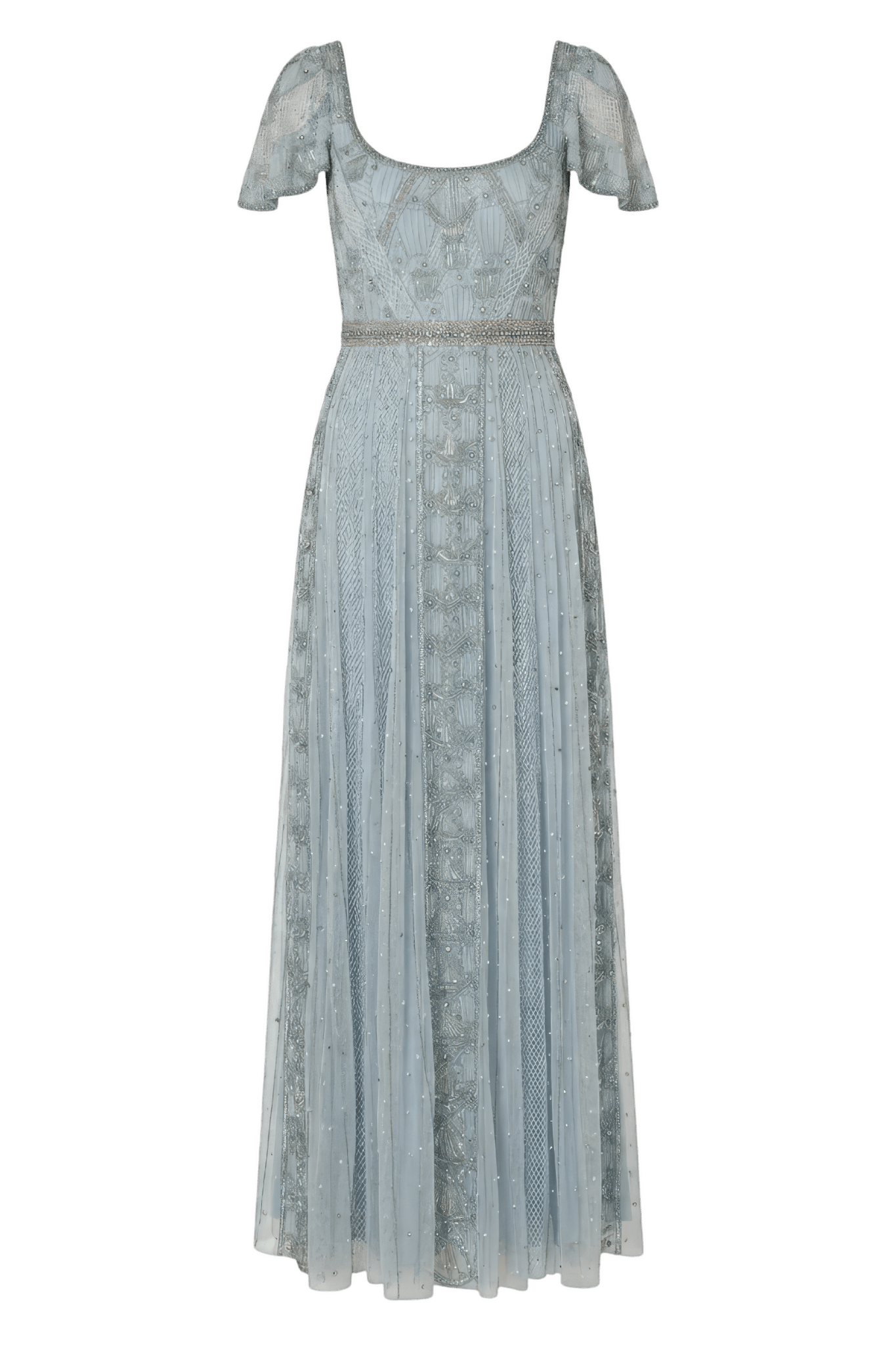 Blue Short Sleeve Scoop Neck Embellished Gown - ALBOUSHIYA - district 5 - dubai - riyadh - abaya - dresses - designers - evening wear - luxury - elegance - craftsmanship - gowns - cocktail dresses - collections - georges
