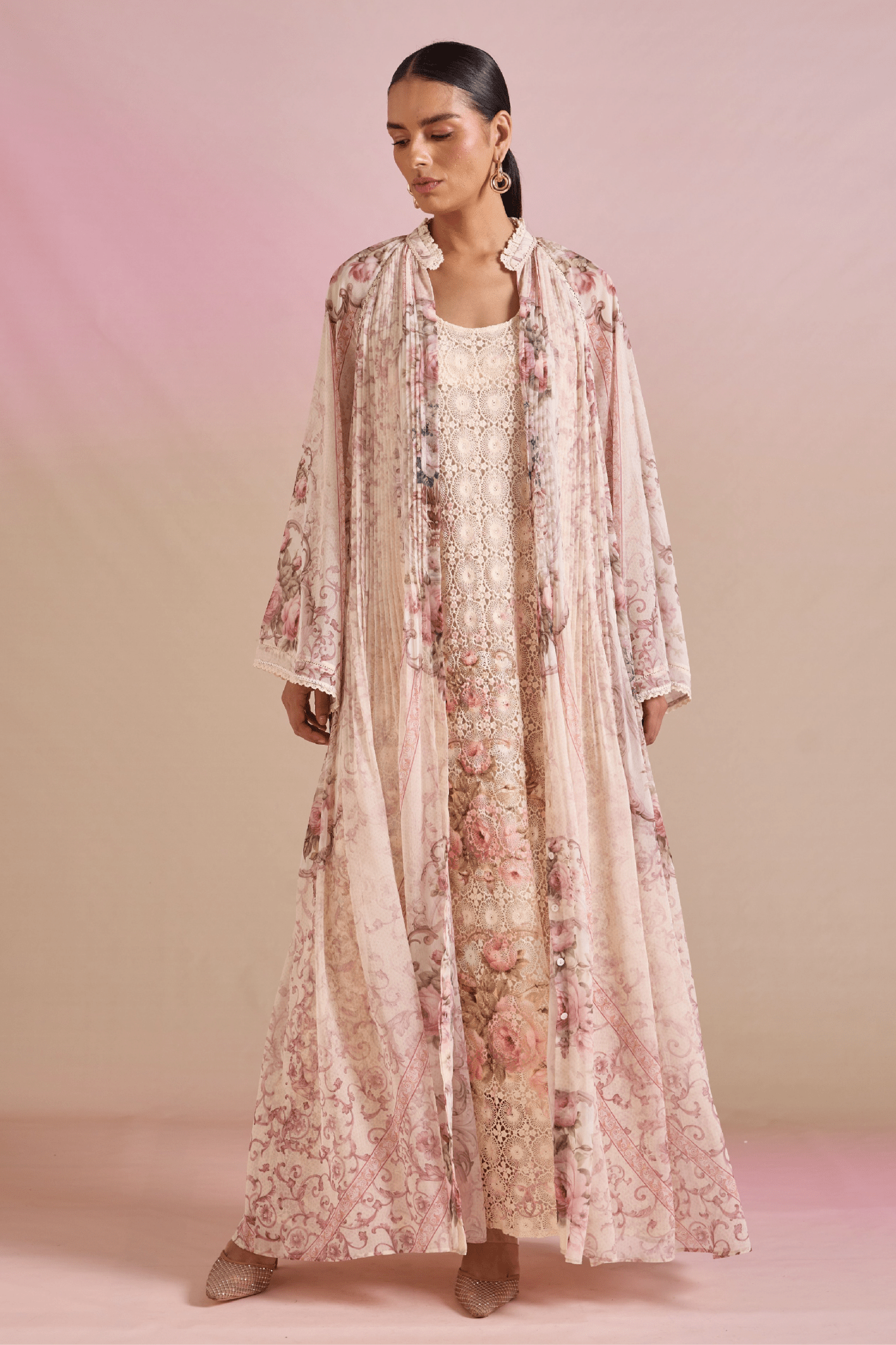 Blush Baroque Floral Lace Layered Maxi Dress - ALBOUSHIYA - district 5 - dubai - riyadh - abaya - dresses - designers - evening wear - luxury - elegance - craftsmanship - gowns - cocktail dresses - collections - georges