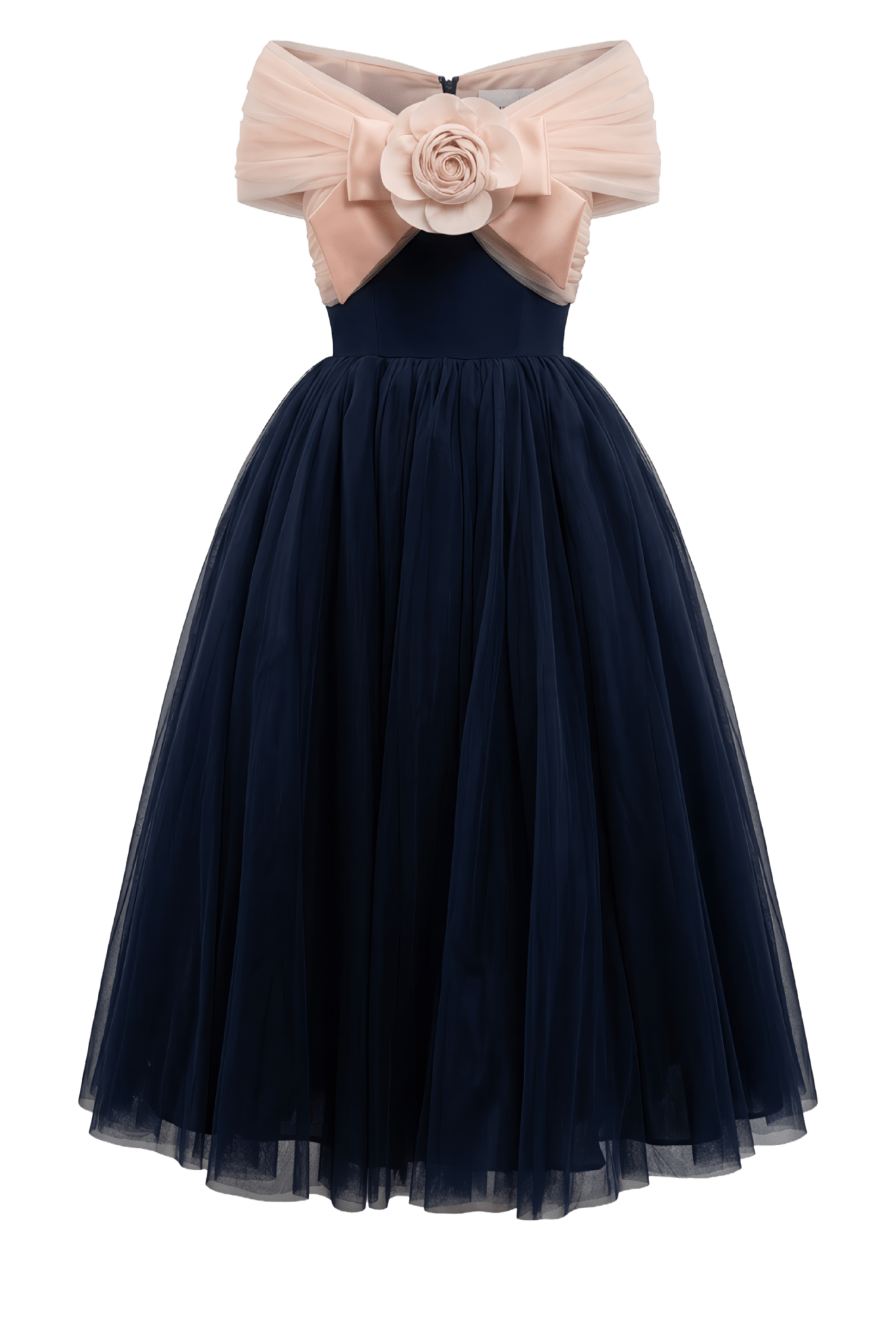 Blush Camellia Bow Tulle Midi Dress - ALBOUSHIYA - district 5 - dubai - riyadh - abaya - dresses - designers - evening wear - luxury - elegance - craftsmanship - gowns - cocktail dresses - collections - georges