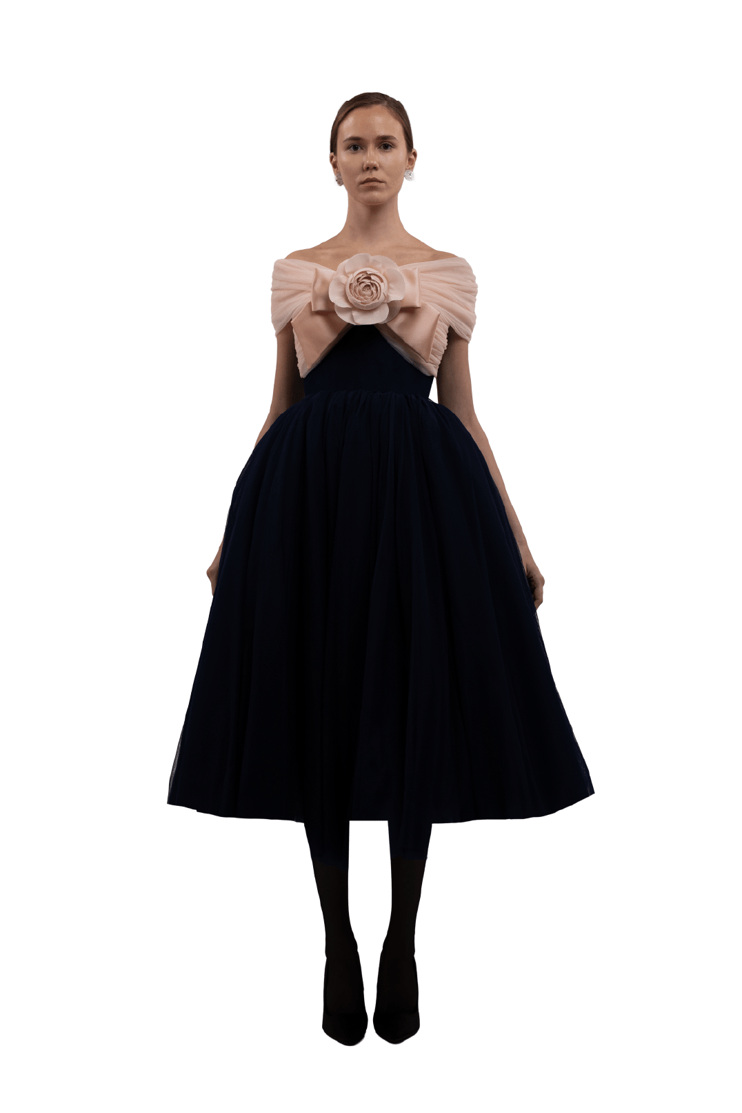 Blush Camellia Bow Tulle Midi Dress - ALBOUSHIYA - district 5 - dubai - riyadh - abaya - dresses - designers - evening wear - luxury - elegance - craftsmanship - gowns - cocktail dresses - collections - georges