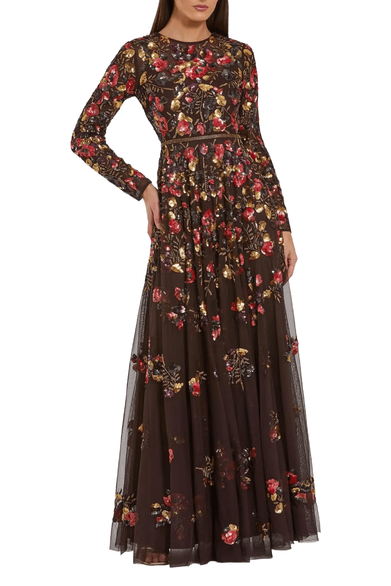 Brown Long Sleeve Floral Embellished Evening Gown - ALBOUSHIYA - district 5 - dubai - riyadh - abaya - dresses - designers - evening wear - luxury - elegance - craftsmanship - gowns - cocktail dresses - collections - georges