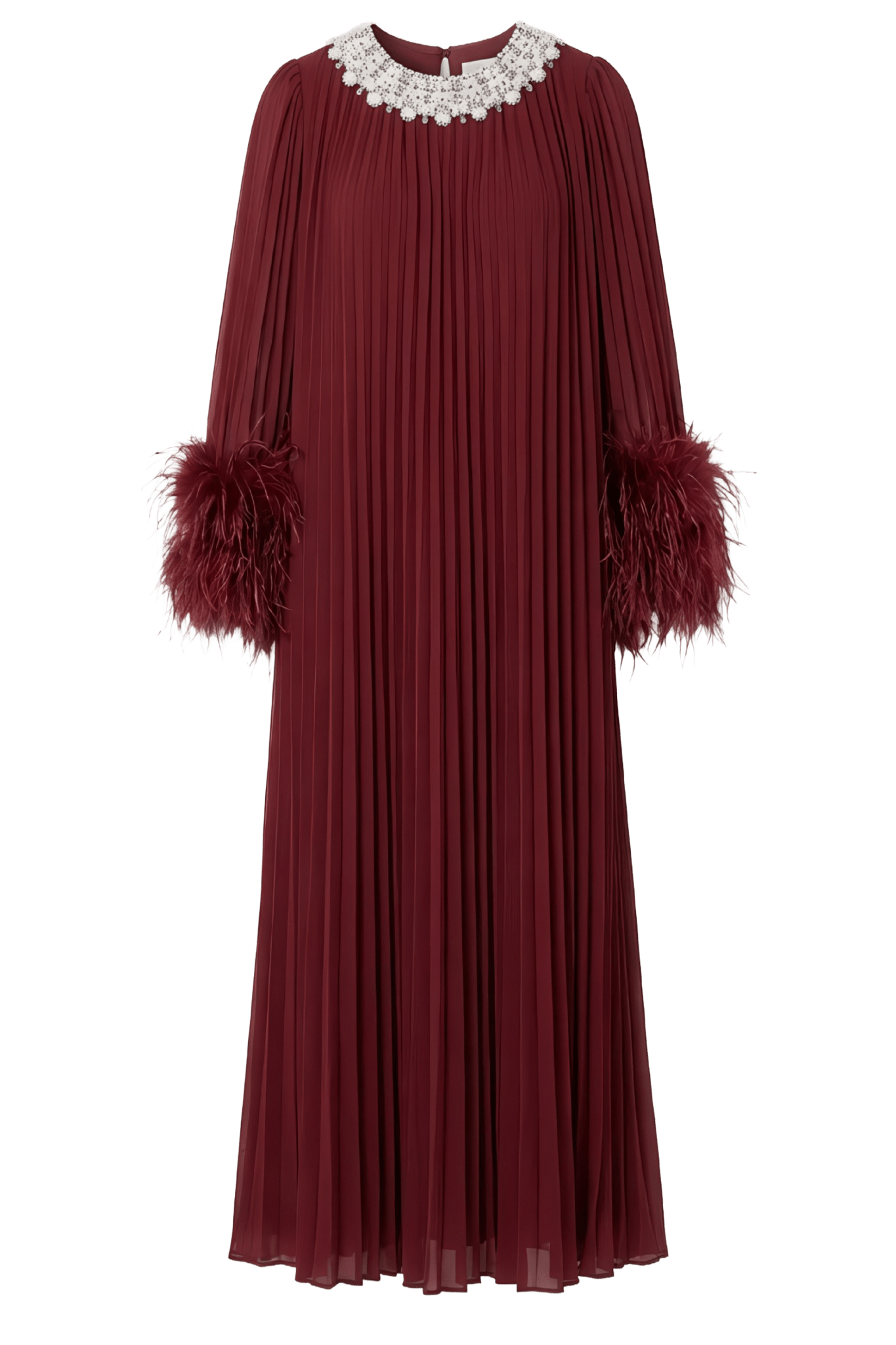 Burgundy Chiffon Feather Midi Dress - ALBOUSHIYA - district 5 - dubai - riyadh - abaya - dresses - designers - evening wear - luxury - elegance - craftsmanship - gowns - cocktail dresses - collections - georges