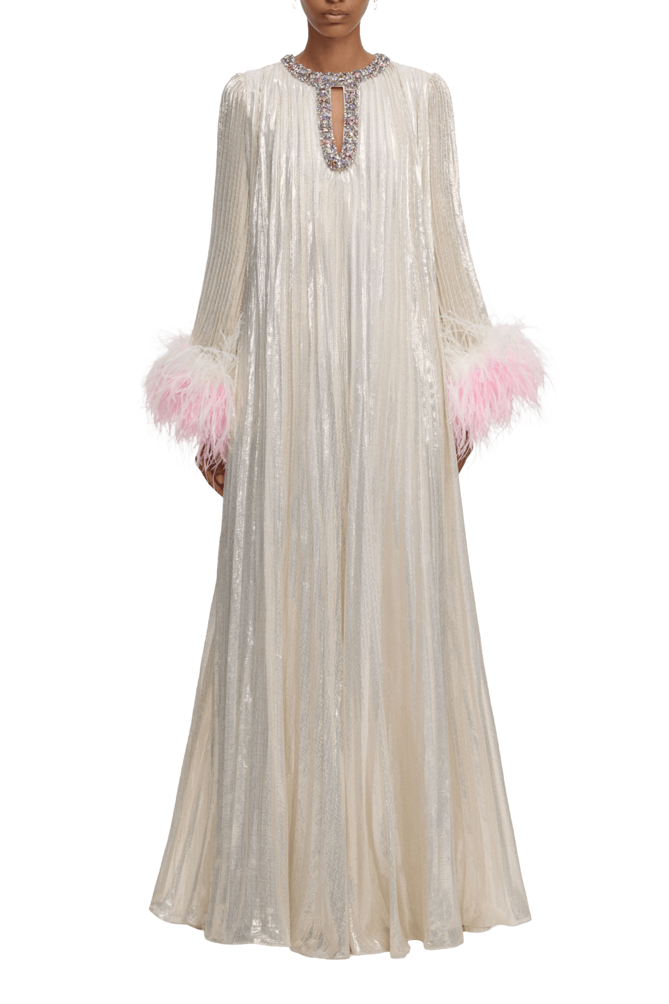 Champagne Metallic Ombre Feather Maxi Dress - ALBOUSHIYA - district 5 - dubai - riyadh - abaya - dresses - designers - evening wear - luxury - elegance - craftsmanship - gowns - cocktail dresses - collections - georges