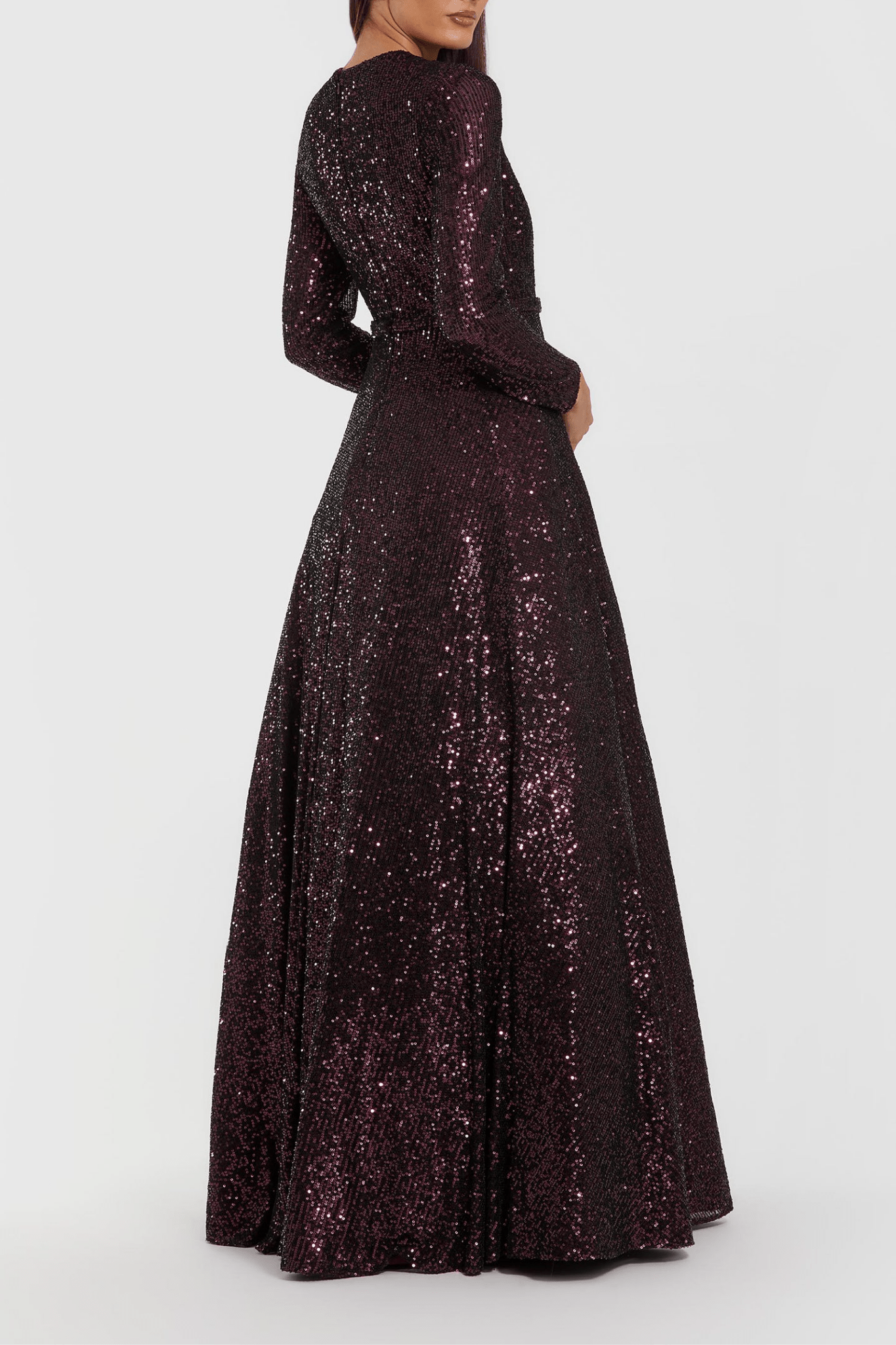 Dark Purple Long Sleeve Sequin Ball Gown With 3D Flower - ALBOUSHIYA - district 5 - dubai - riyadh - abaya - dresses - designers - evening wear - luxury - elegance - craftsmanship - gowns - cocktail dresses - collections - georges