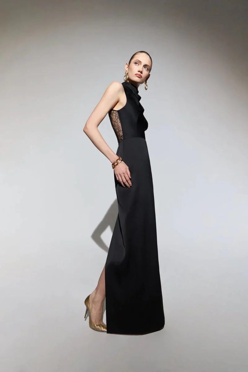 Draped Satin Gown with Lace Back Panel - ALBOUSHIYA - district 5 - dubai - riyadh - abaya - dresses - designers - evening wear - luxury - elegance - craftsmanship - gowns - cocktail dresses - collections - georges