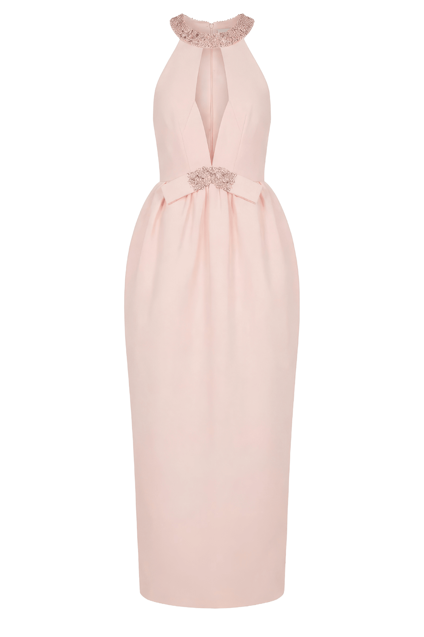 Embellished Halterneck Blush Midi Dress - ALBOUSHIYA - district 5 - dubai - riyadh - abaya - dresses - designers - evening wear - luxury - elegance - craftsmanship - gowns - cocktail dresses - collections - georges