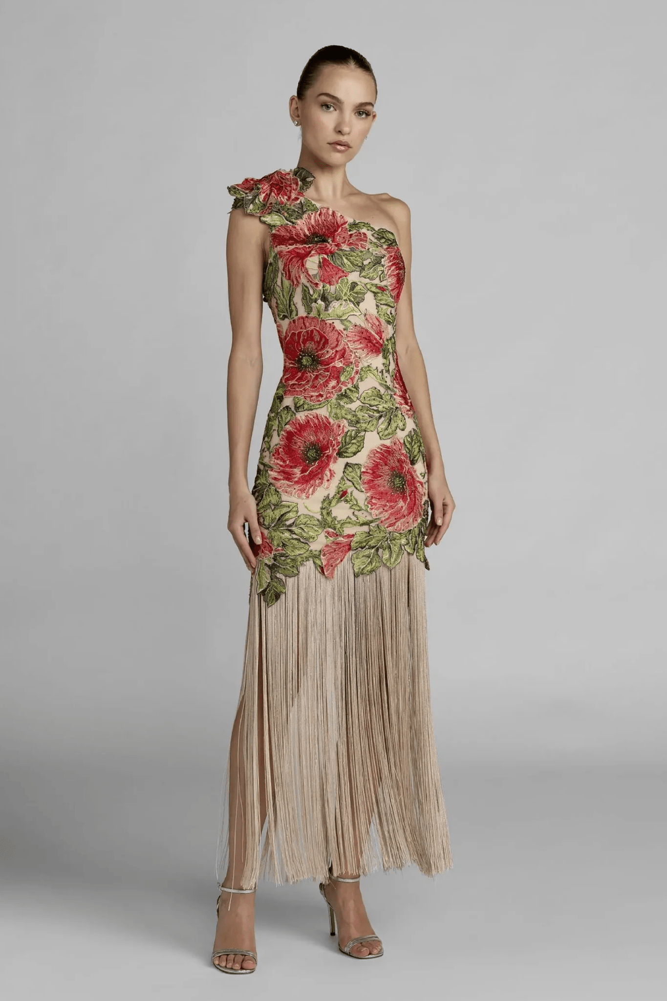 Embroidered One Shoulder Dress With Fringe Hem - ALBOUSHIYA - district 5 - dubai - riyadh - abaya - dresses - designers - evening wear - luxury - elegance - craftsmanship - gowns - cocktail dresses - collections - georges
