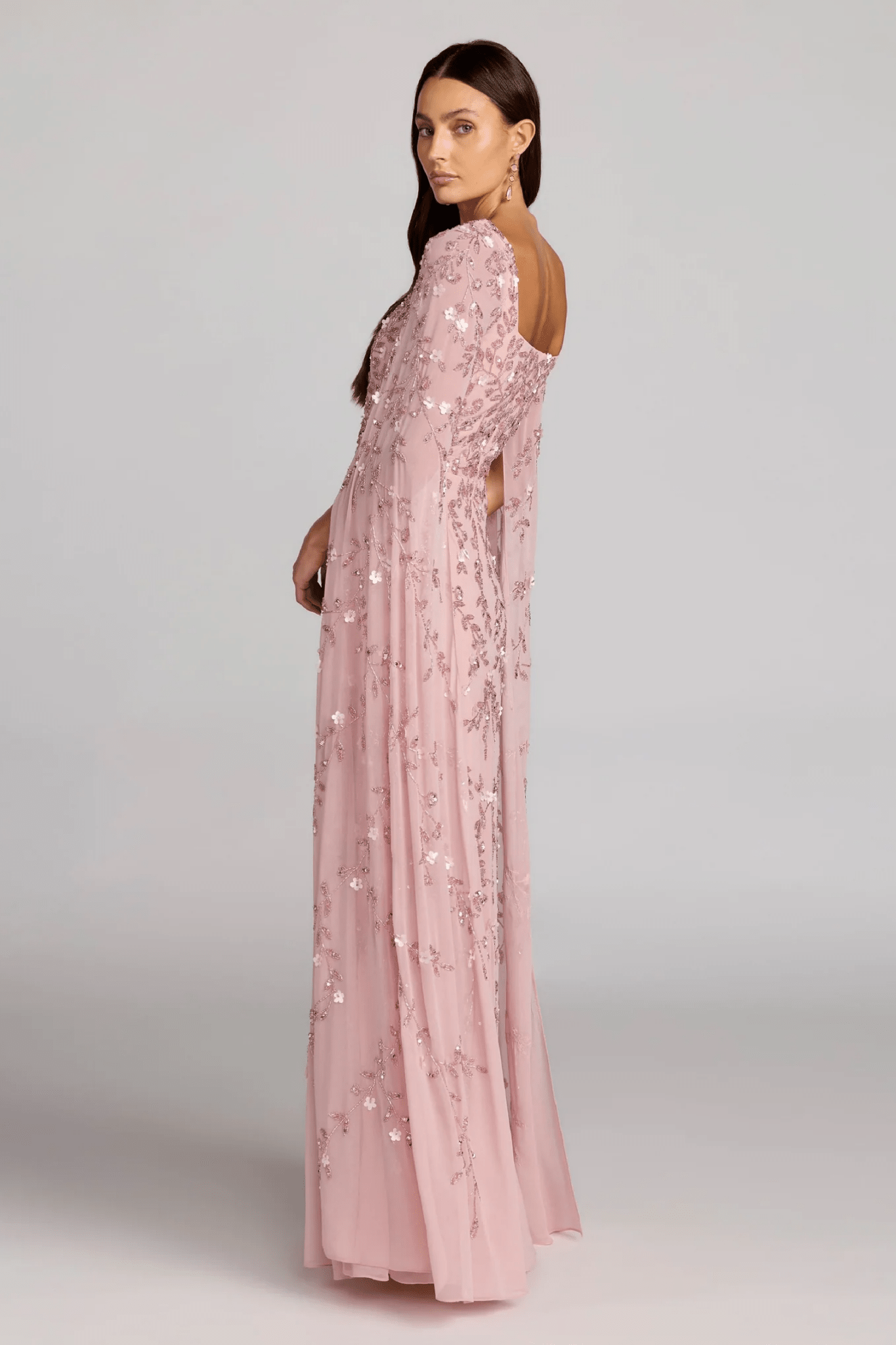 Floral Embellished Cape Sleeve Gown - ALBOUSHIYA - district 5 - dubai - riyadh - abaya - dresses - designers - evening wear - luxury - elegance - craftsmanship - gowns - cocktail dresses - collections - georges