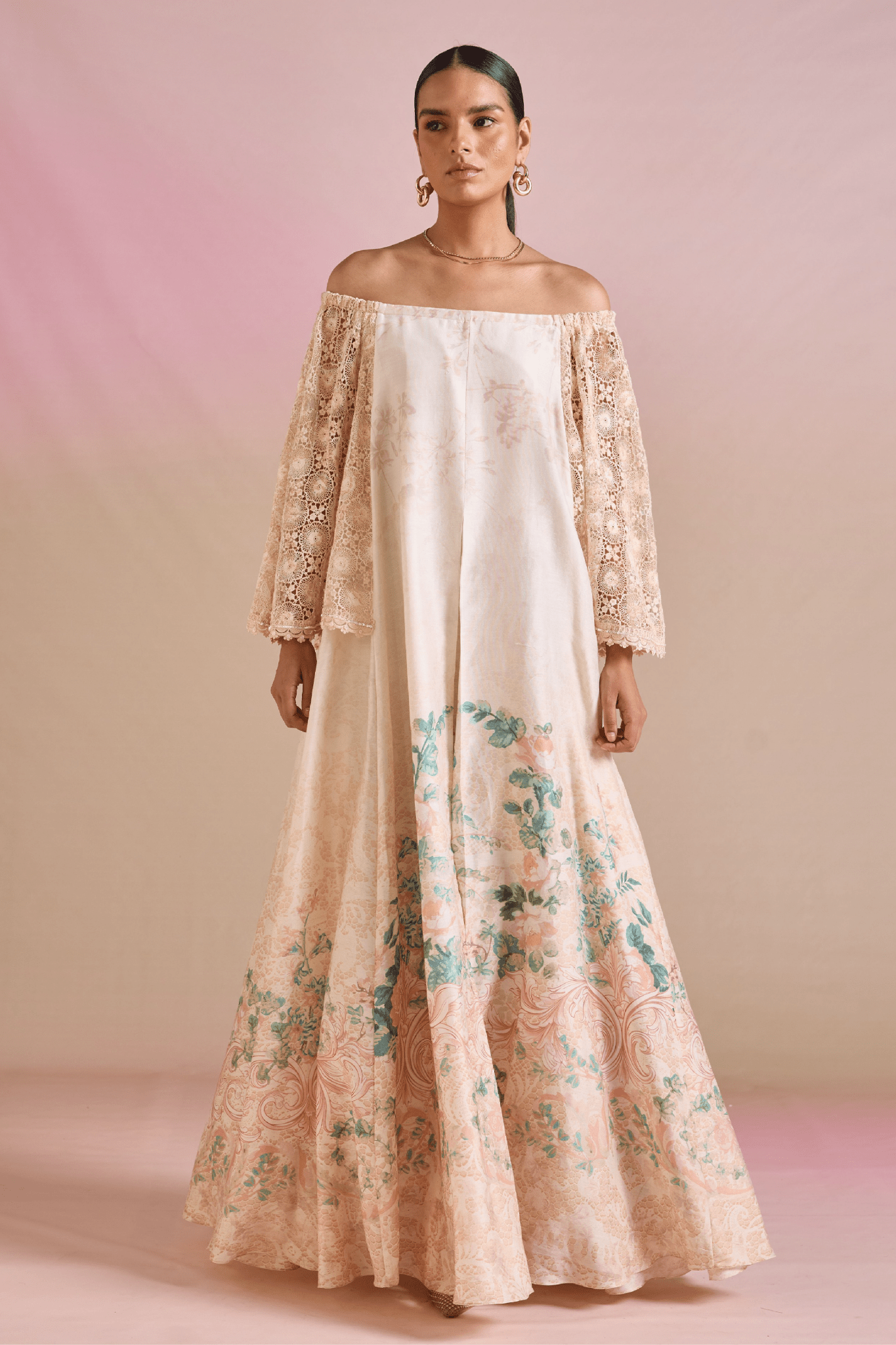 Floral Lace - Sleeve Off - Shoulder Maxi Dress - ALBOUSHIYA - district 5 - dubai - riyadh - abaya - dresses - designers - evening wear - luxury - elegance - craftsmanship - gowns - cocktail dresses - collections - georges