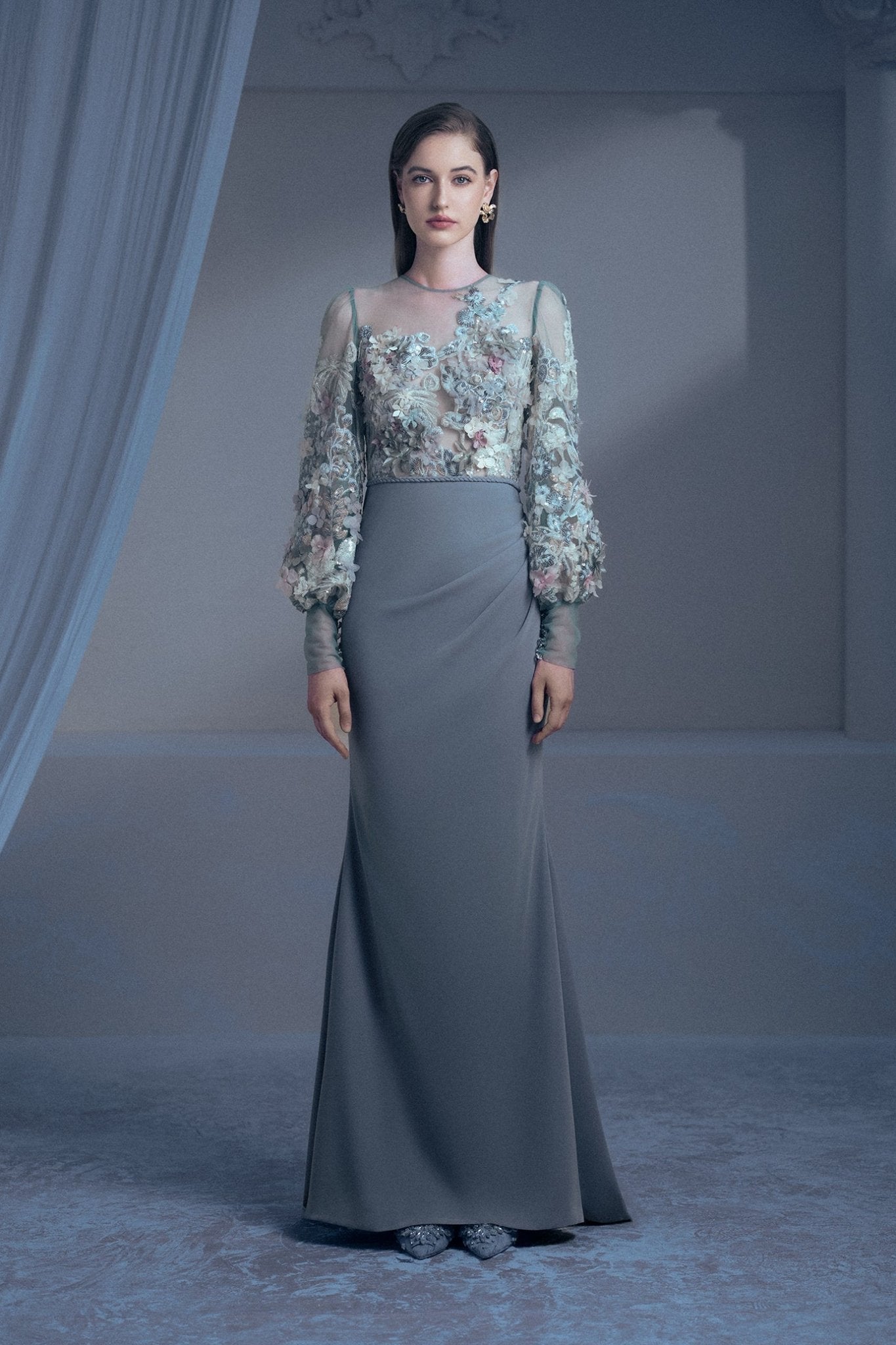 Grey Fitted Drapes Floral Gown - ALBOUSHIYA - district 5 - dubai - riyadh - abaya - dresses - designers - evening wear - luxury - elegance - craftsmanship - gowns - cocktail dresses - collections - georges