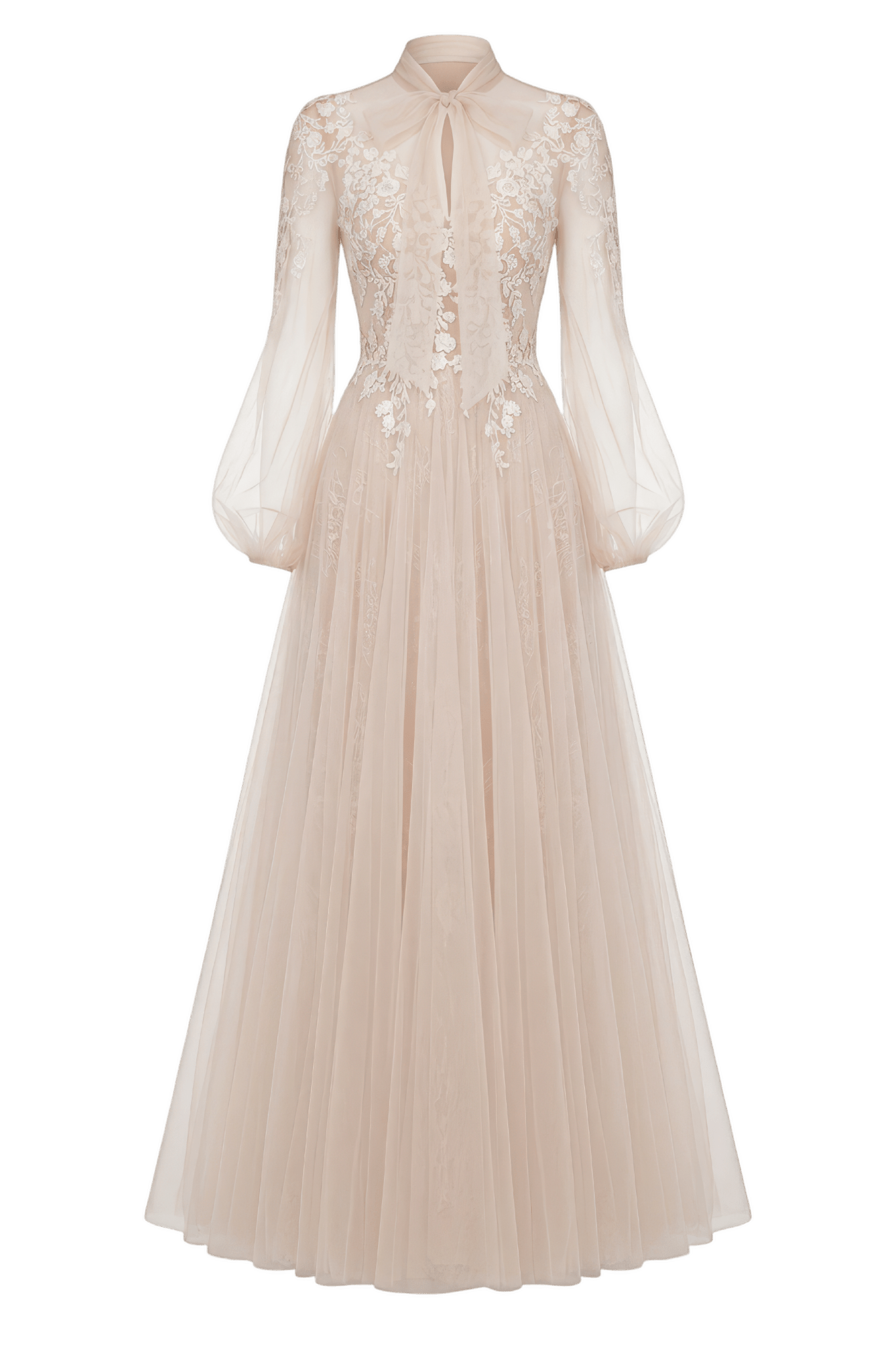 Hand-Embroidered Lace-Under-Tulle Gown with Bow Tie - ALBOUSHIYA - district 5 - dubai - riyadh - abaya - dresses - designers - evening wear - luxury - elegance - craftsmanship - gowns - cocktail dresses - collections - georges