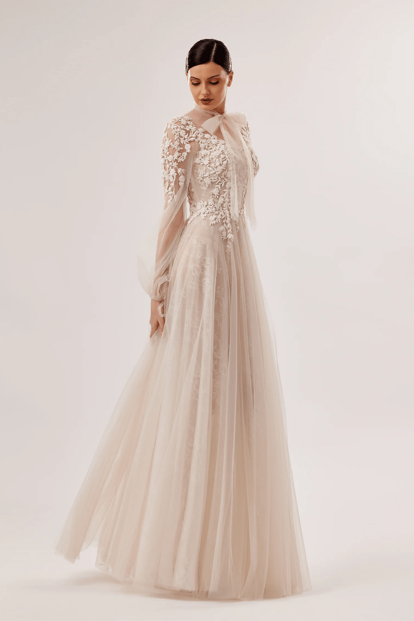 Hand-Embroidered Lace-Under-Tulle Gown with Bow Tie - ALBOUSHIYA - district 5 - dubai - riyadh - abaya - dresses - designers - evening wear - luxury - elegance - craftsmanship - gowns - cocktail dresses - collections - georges