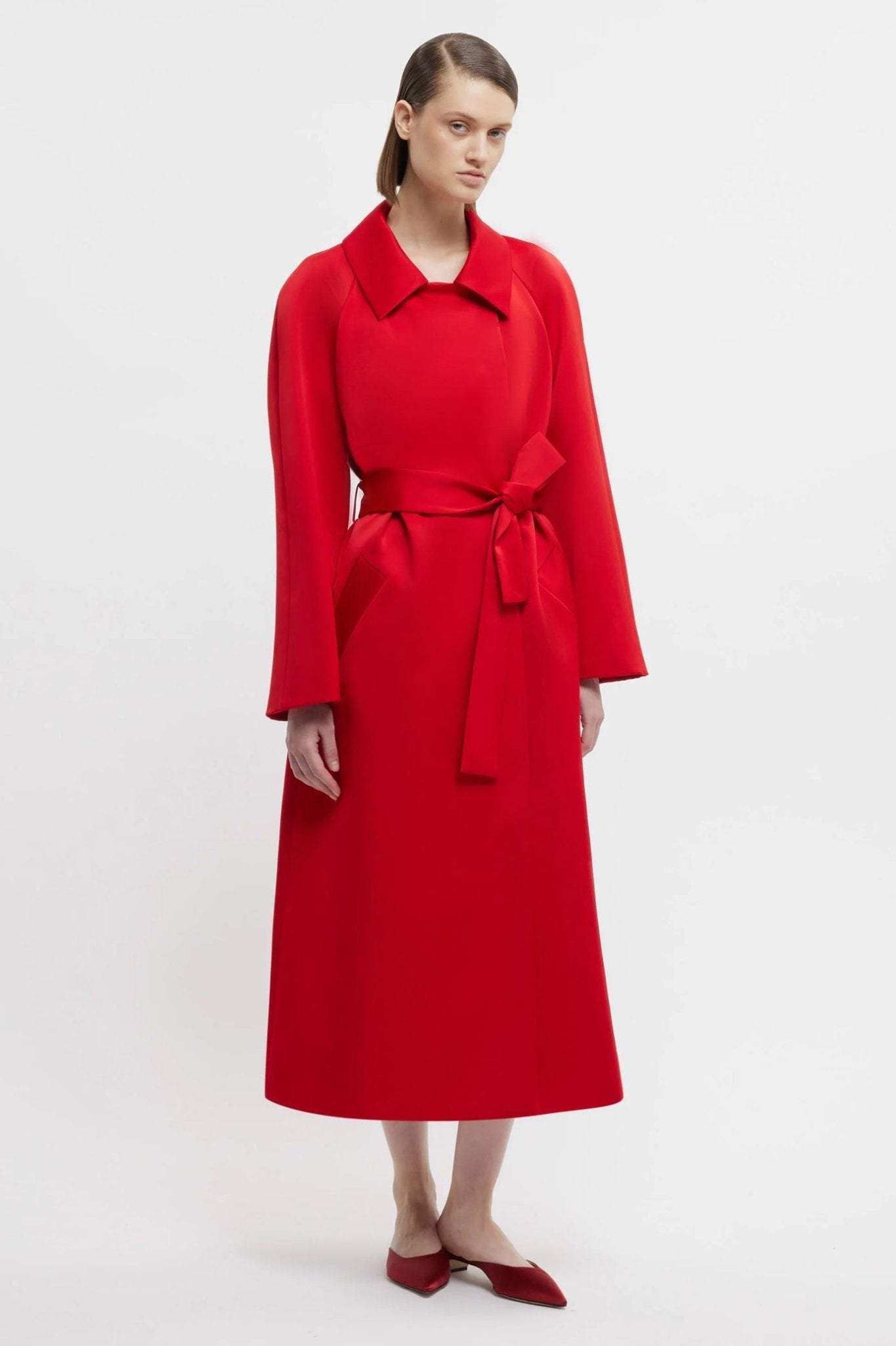Hasina Coat in Bright Red Doppio Satin - ALBOUSHIYA - district 5 - dubai - riyadh - abaya - dresses - designers - evening wear - luxury - elegance - craftsmanship - gowns - cocktail dresses - collections - georges