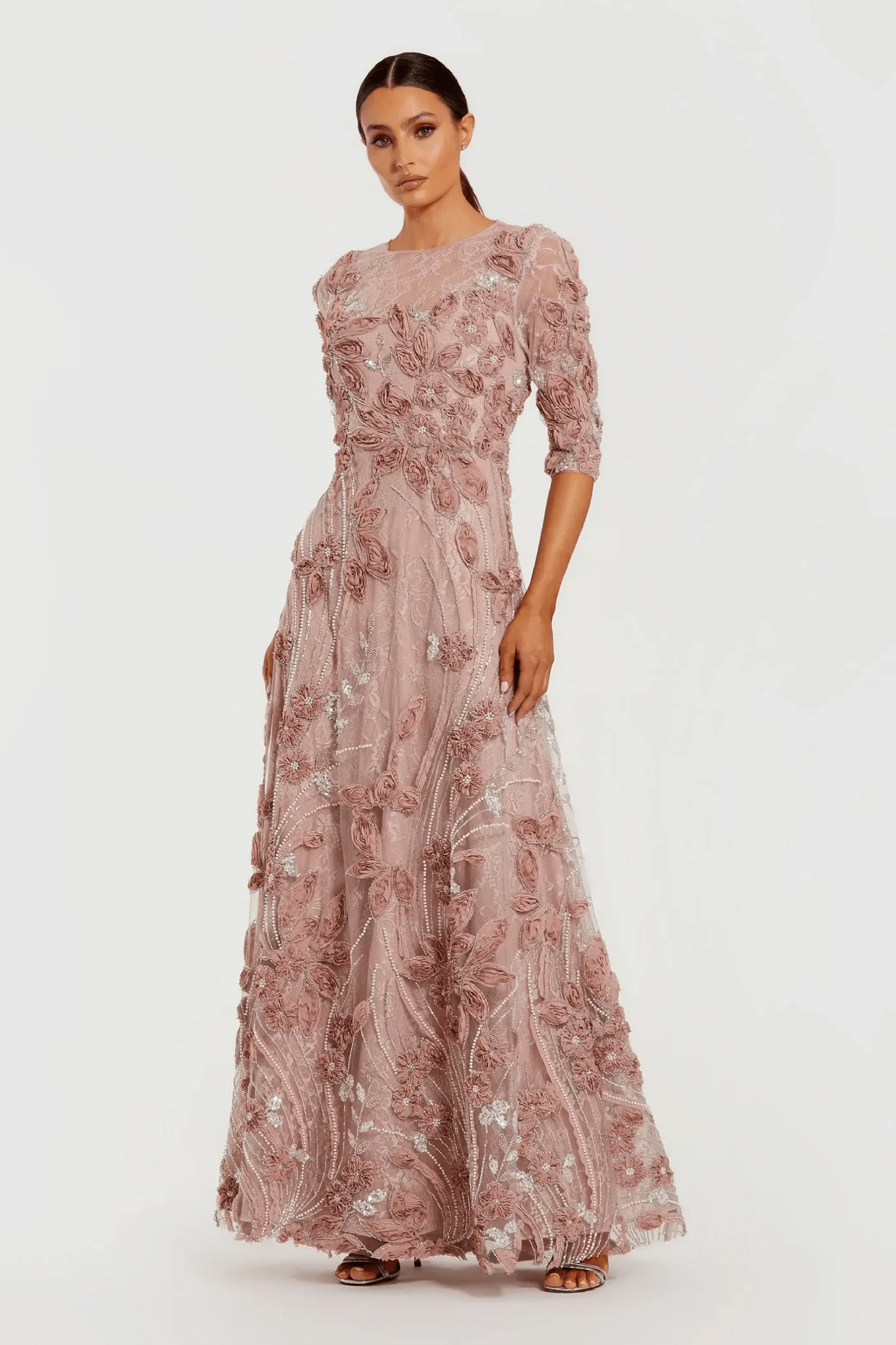 High Neck Embellished Lace Gown with 3/4 Sleeves - ALBOUSHIYA - district 5 - dubai - riyadh - abaya - dresses - designers - evening wear - luxury - elegance - craftsmanship - gowns - cocktail dresses - collections - georges