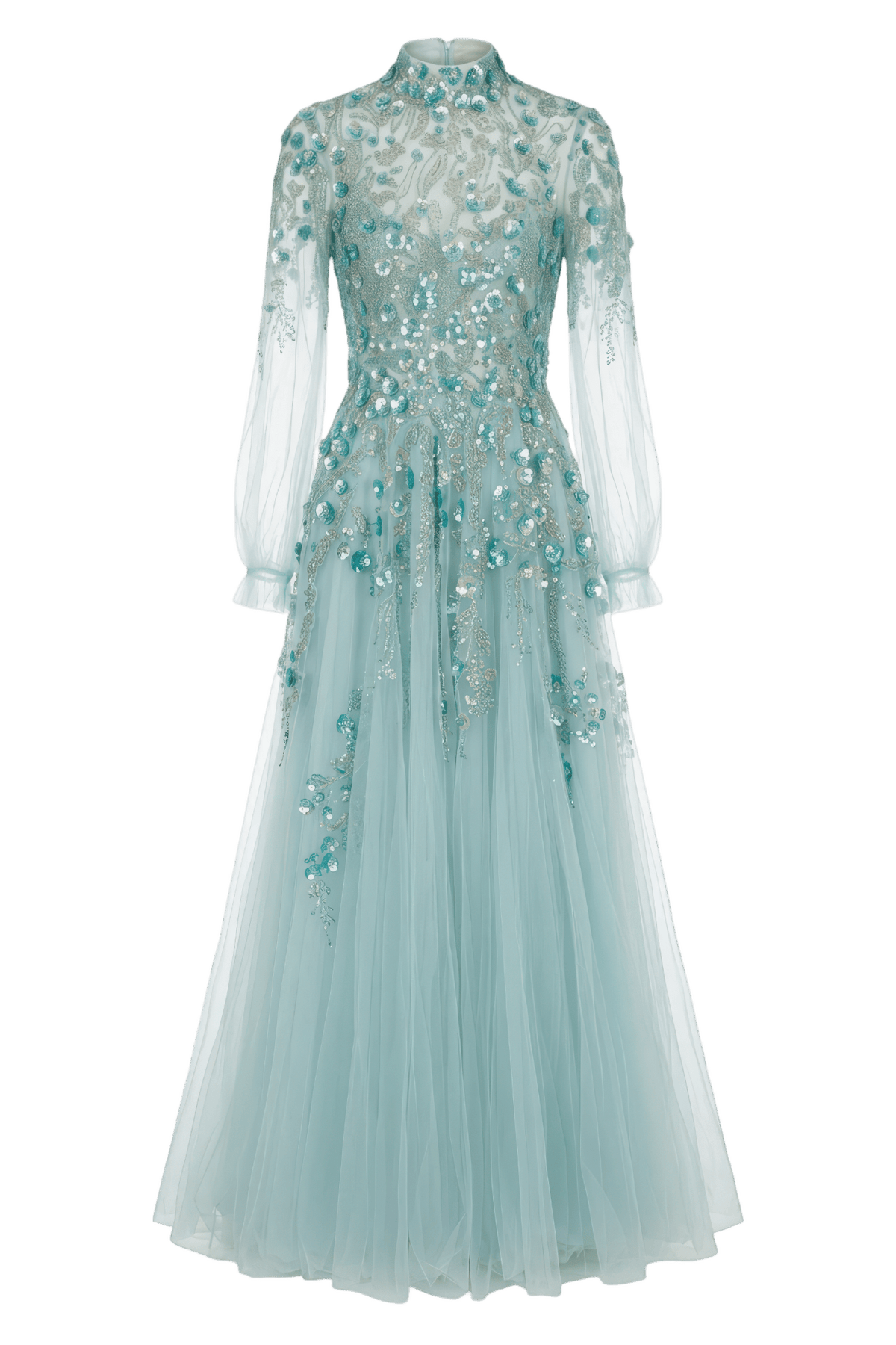 High-Neck Tulle Gown with 3D Floral Embroidery - ALBOUSHIYA - district 5 - dubai - riyadh - abaya - dresses - designers - evening wear - luxury - elegance - craftsmanship - gowns - cocktail dresses - collections - georges