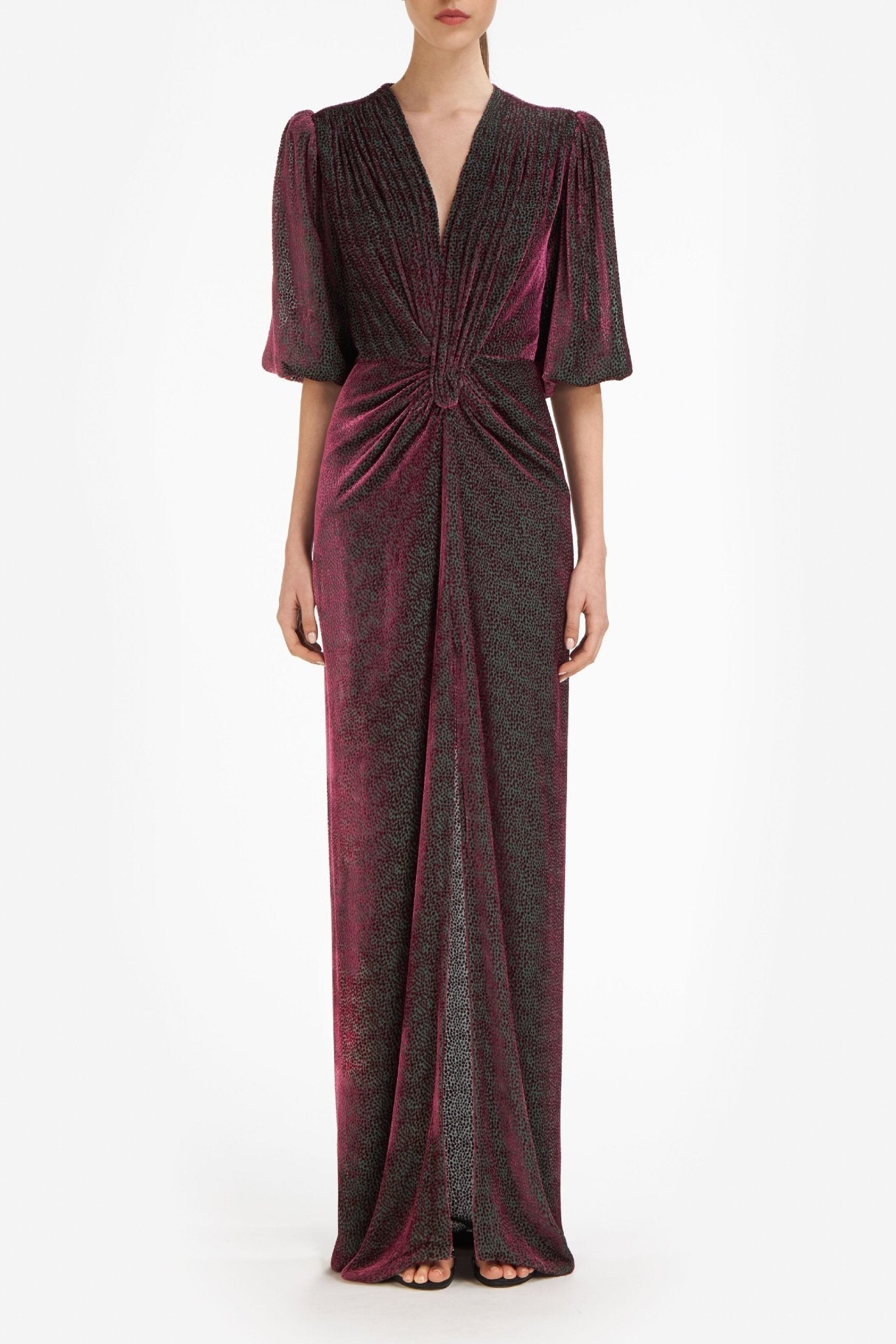 Kallista Silk Velvet Devorè Gown - ALBOUSHIYA - district 5 - dubai - riyadh - abaya - dresses - designers - evening wear - luxury - elegance - craftsmanship - gowns - cocktail dresses - collections - georges