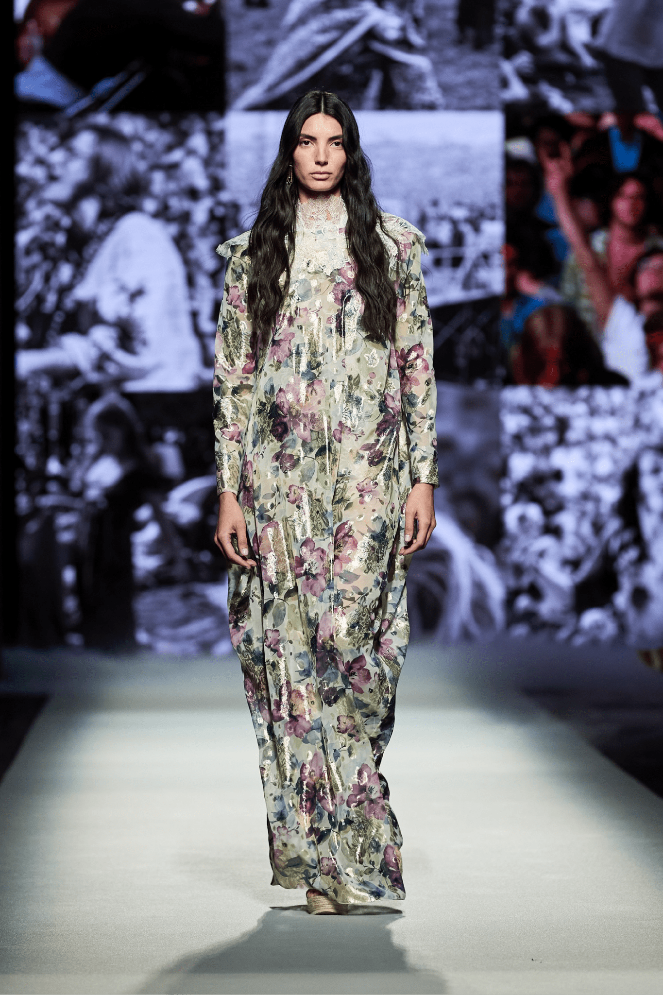 Lace-Trimmed Metallic Floral-Print Chiffon Gown - ALBOUSHIYA - district 5 - dubai - riyadh - abaya - dresses - designers - evening wear - luxury - elegance - craftsmanship - gowns - cocktail dresses - collections - georges