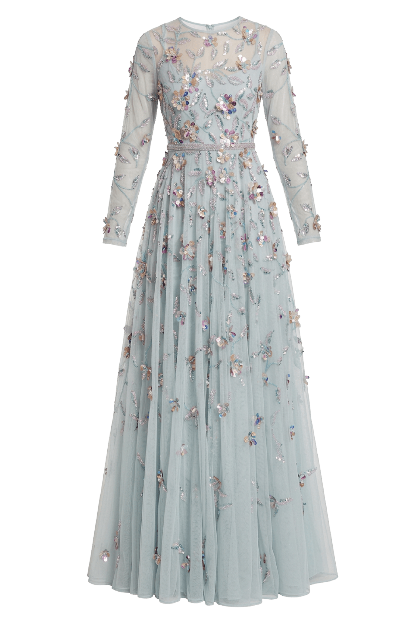Light Blue Long Sleeve Floral Embellished Evening Gown - ALBOUSHIYA - district 5 - dubai - riyadh - abaya - dresses - designers - evening wear - luxury - elegance - craftsmanship - gowns - cocktail dresses - collections - georges